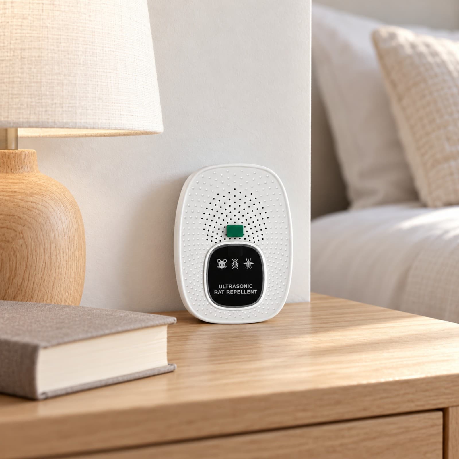 Repelente electrónico ultrasónico W27 blanco apoyado sobre una mesa de luz en un dormitorio, con el frente libre, junto a una lámpara y un libro (imagen ilustrativa), REPPLAGAB — miniatura 4