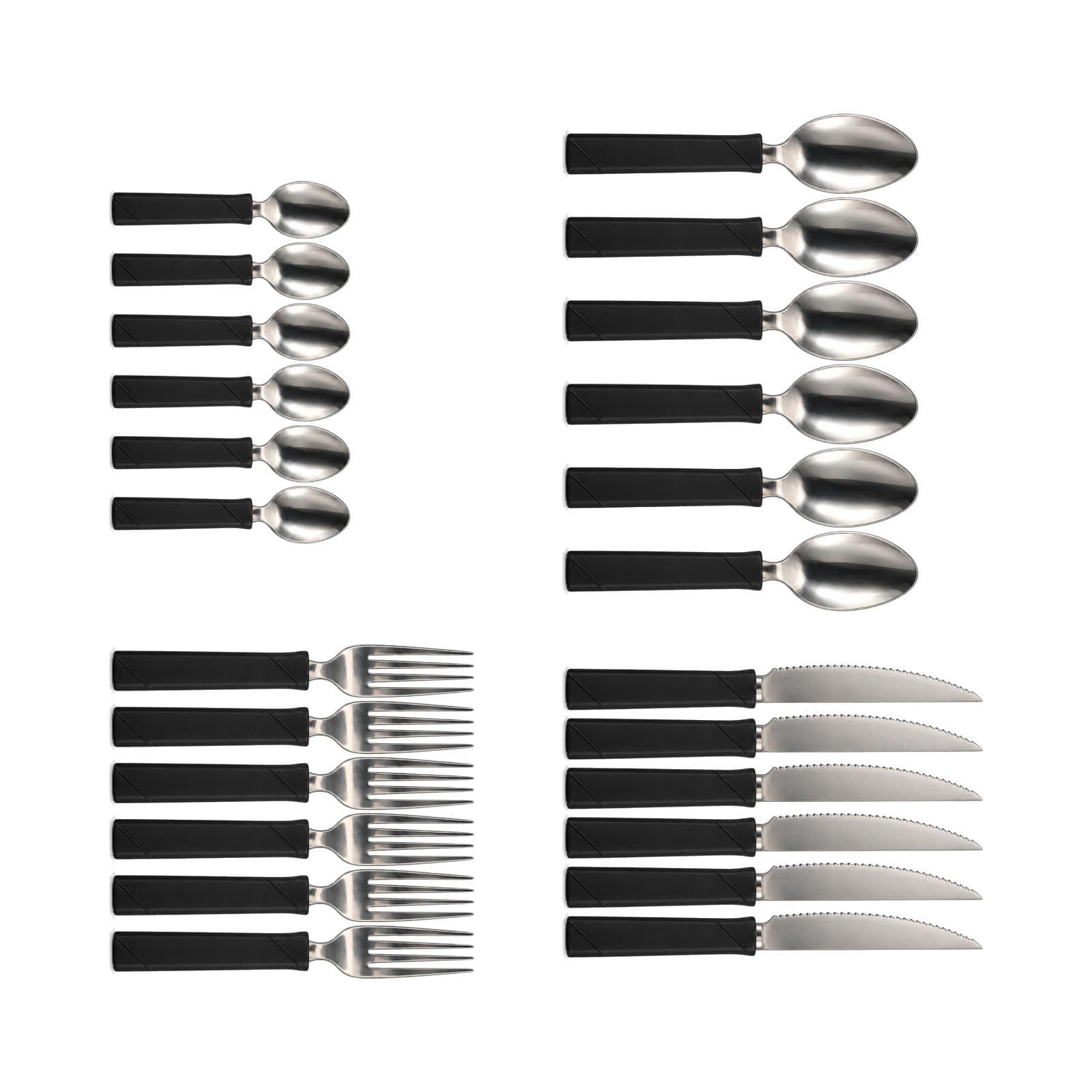 Contenido del set de cubiertos New Table de 24 piezas: 6 cucharitas, 6 cucharas, 6 tenedores y 6 cuchillos con mango negro (imagen ilustrativa) — miniatura 1