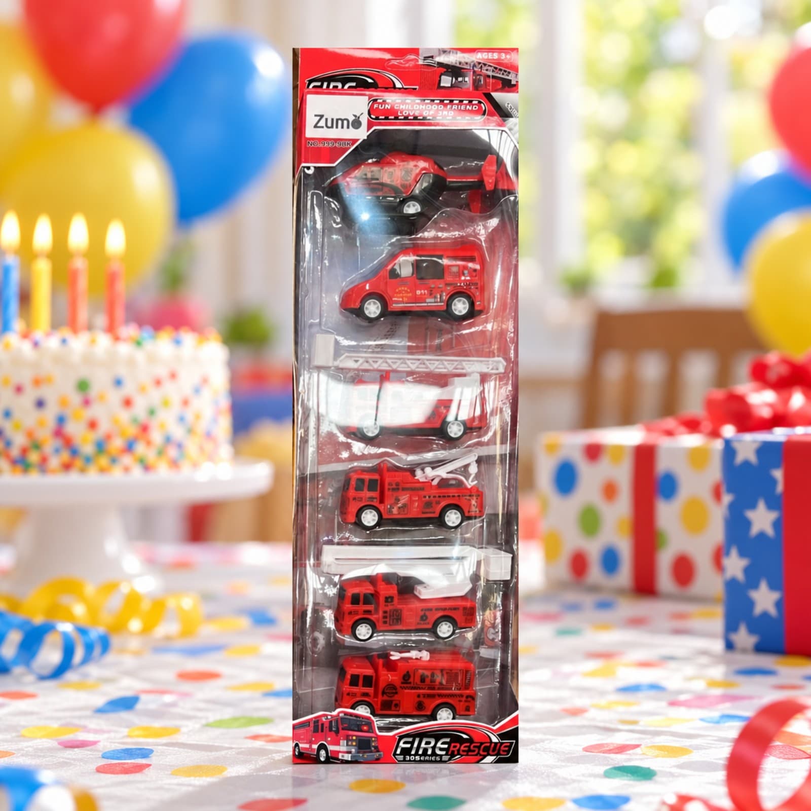 Caja del set Zumo Fire Rescue como regalo en una mesa de cumpleaños (imagen ilustrativa) — miniatura 6