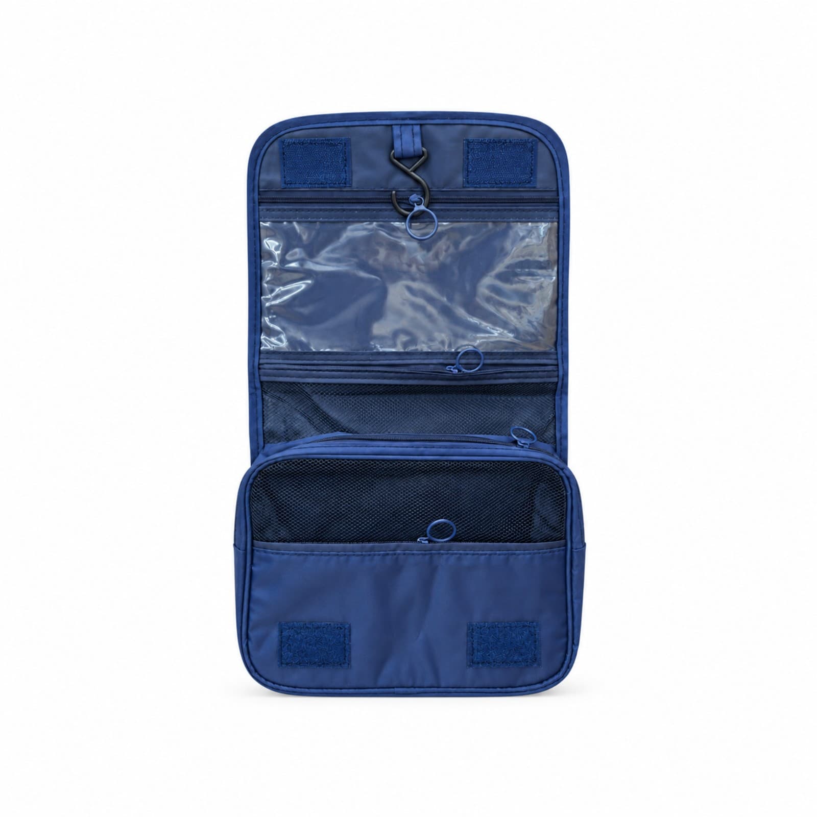 Organizador de viaje colgante azul abierto, con su gancho, el bolsillo transparente, el de malla y el frontal (imagen ilustrativa) — miniatura 2
