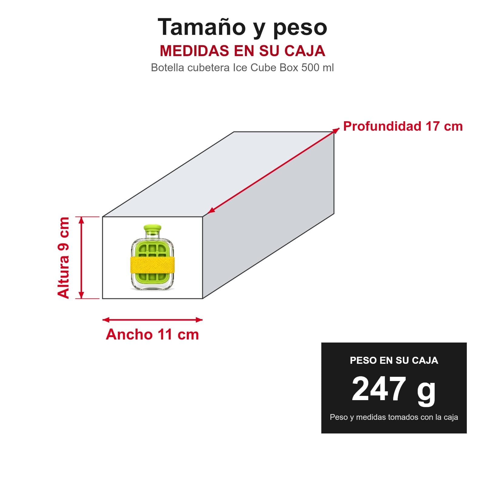 Medidas y peso de la botella cubetera Ice Cube Box de 500 ml en su caja: ancho 11 × profundidad 17 × altura 9 cm, 247 g — miniatura 3