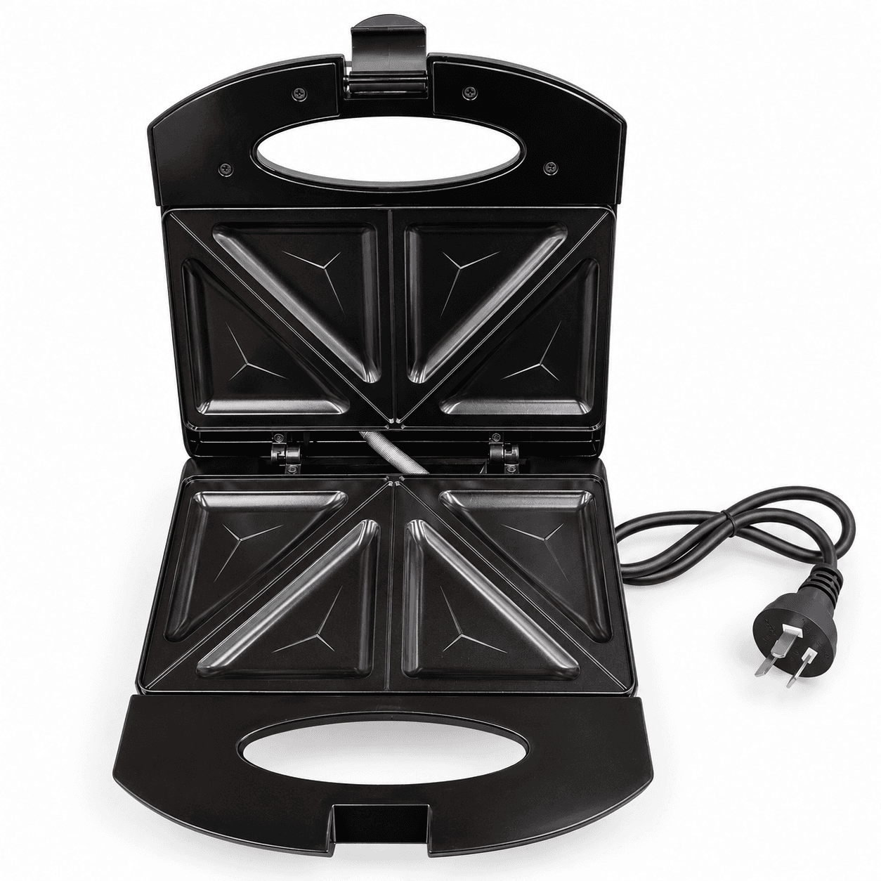 Sandwichera Oryx OR-1900 abierta con placas triangulares y cable.