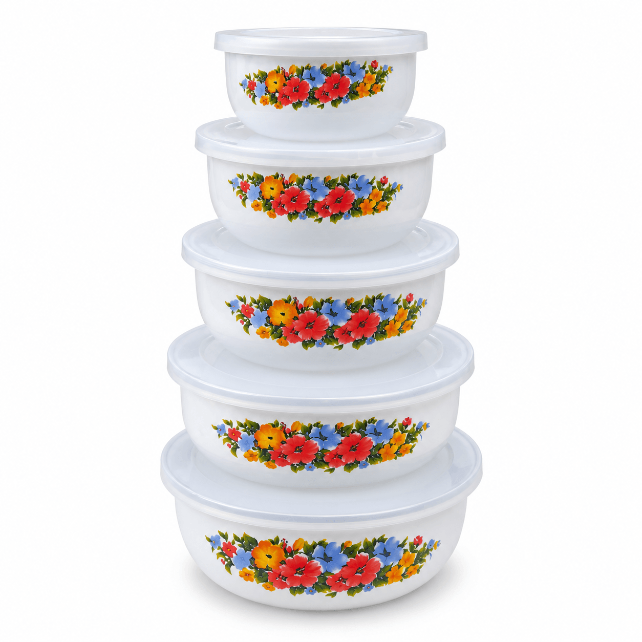 |BOWLX5HIERR| Set OSR de cinco bowls blancos con tapas translúcidas y flores multicolor.