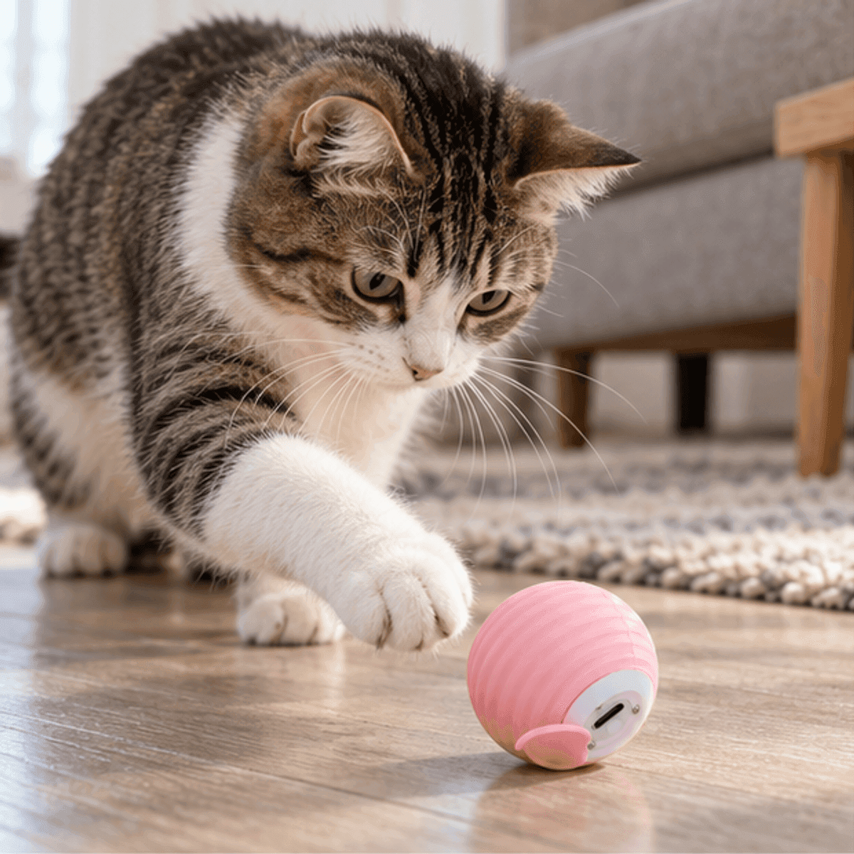 HANDOFF-48|DSH260125|02|62e9e428bb1c|Pelota Interactiva Recargable para Gatos con Movimiento - Rosa - Producto en contexto de uso