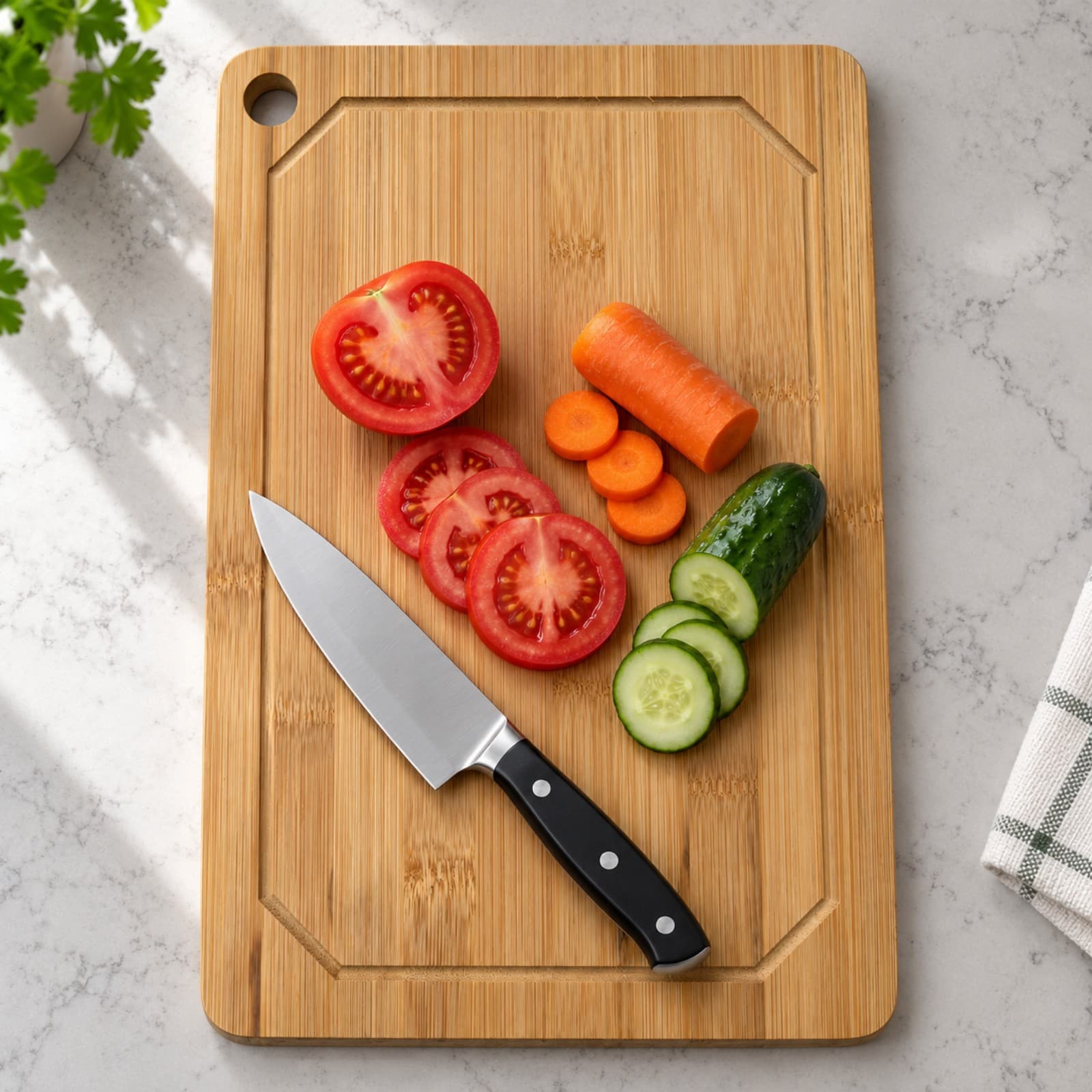 Tabla para picar de bambú con canaleta sobre la mesada de la cocina, con tomate, zanahoria y pepino cortados y un cuchillo (imagen ilustrativa) — miniatura 3