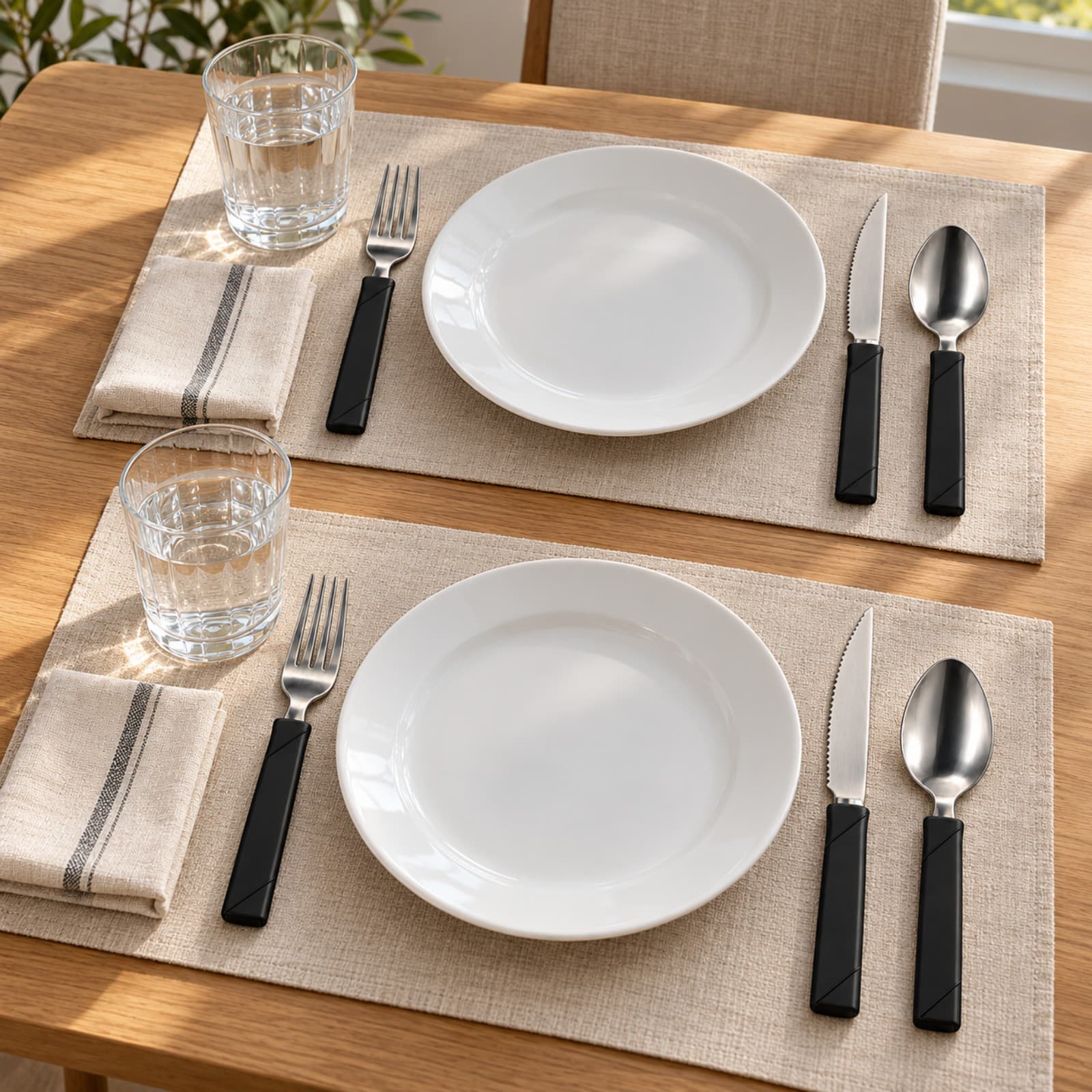 Cubiertos New Table de mango negro en dos puestos de una mesa de comedor, con platos blancos (imagen ilustrativa) — miniatura 5