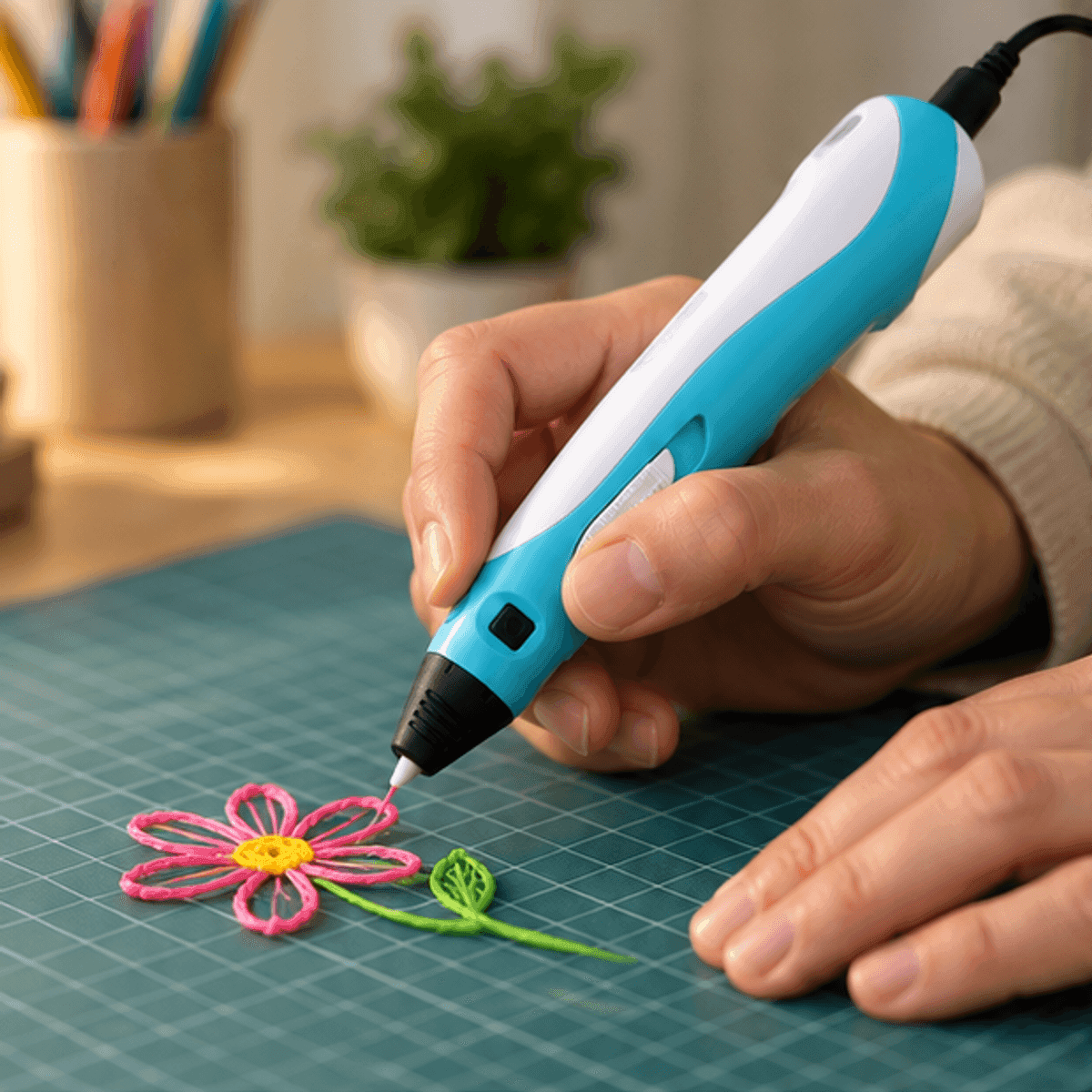 HANDOFF-48|LAPIZ3D|02|deb910d49b08|Lápiz 3D USB 3DPEN-2 con Filamento PLA - Celeste - Producto en contexto de uso