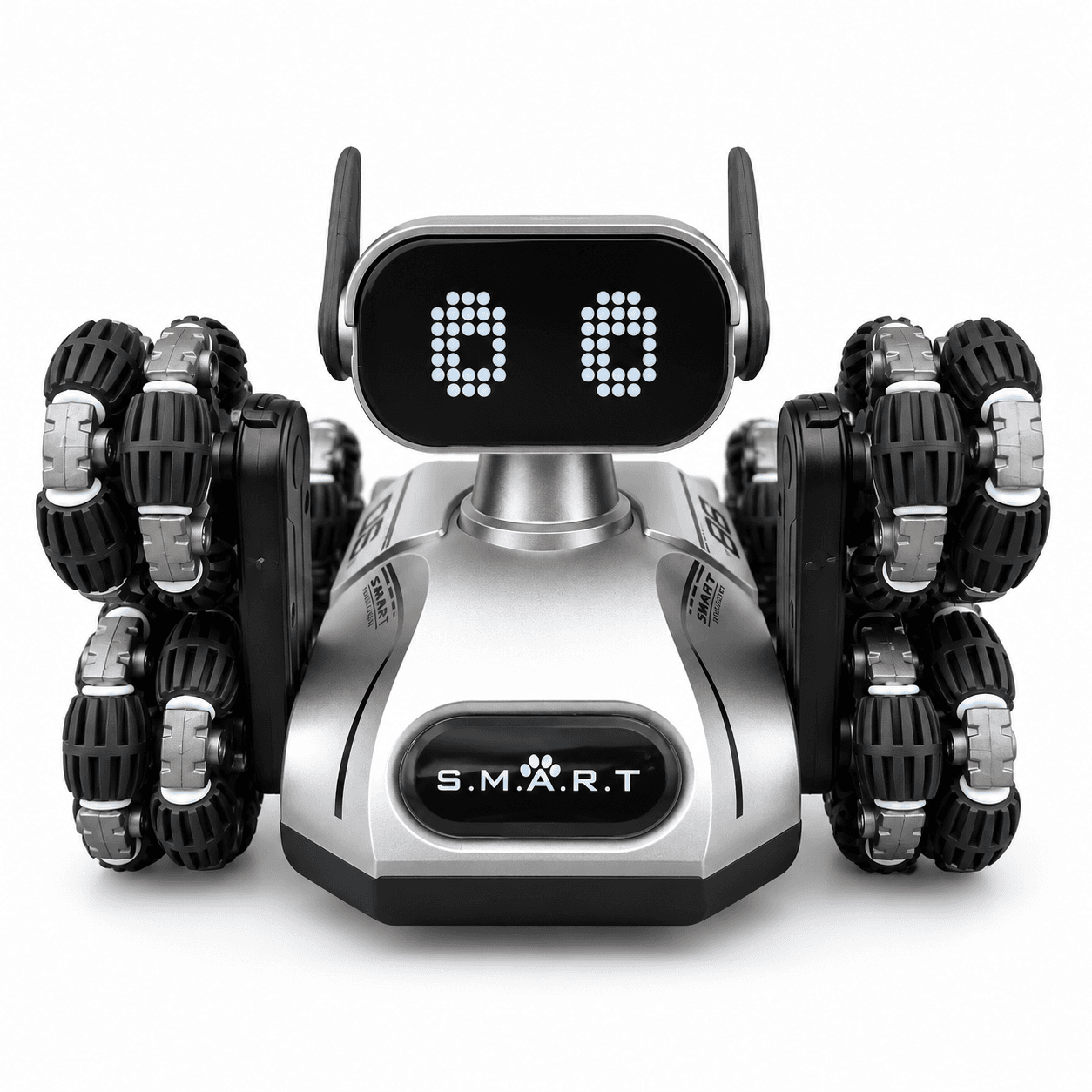 Perro robot OSR RCK-16 plateado y negro, vista frontal |PERRROBNIÑOS|