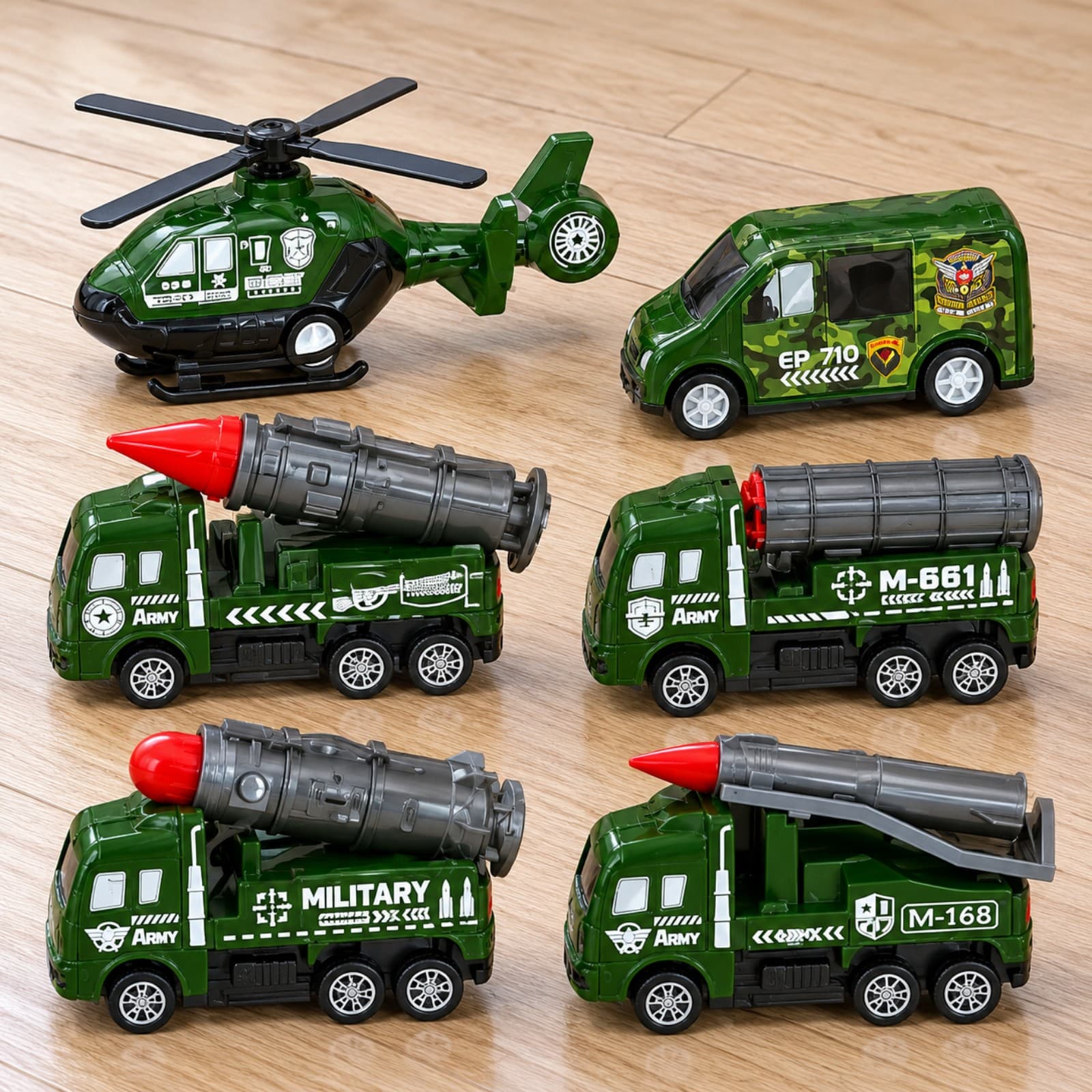 Los seis vehículos del set Zumo Military Troops alineados sobre un piso de madera (imagen ilustrativa) — miniatura 5