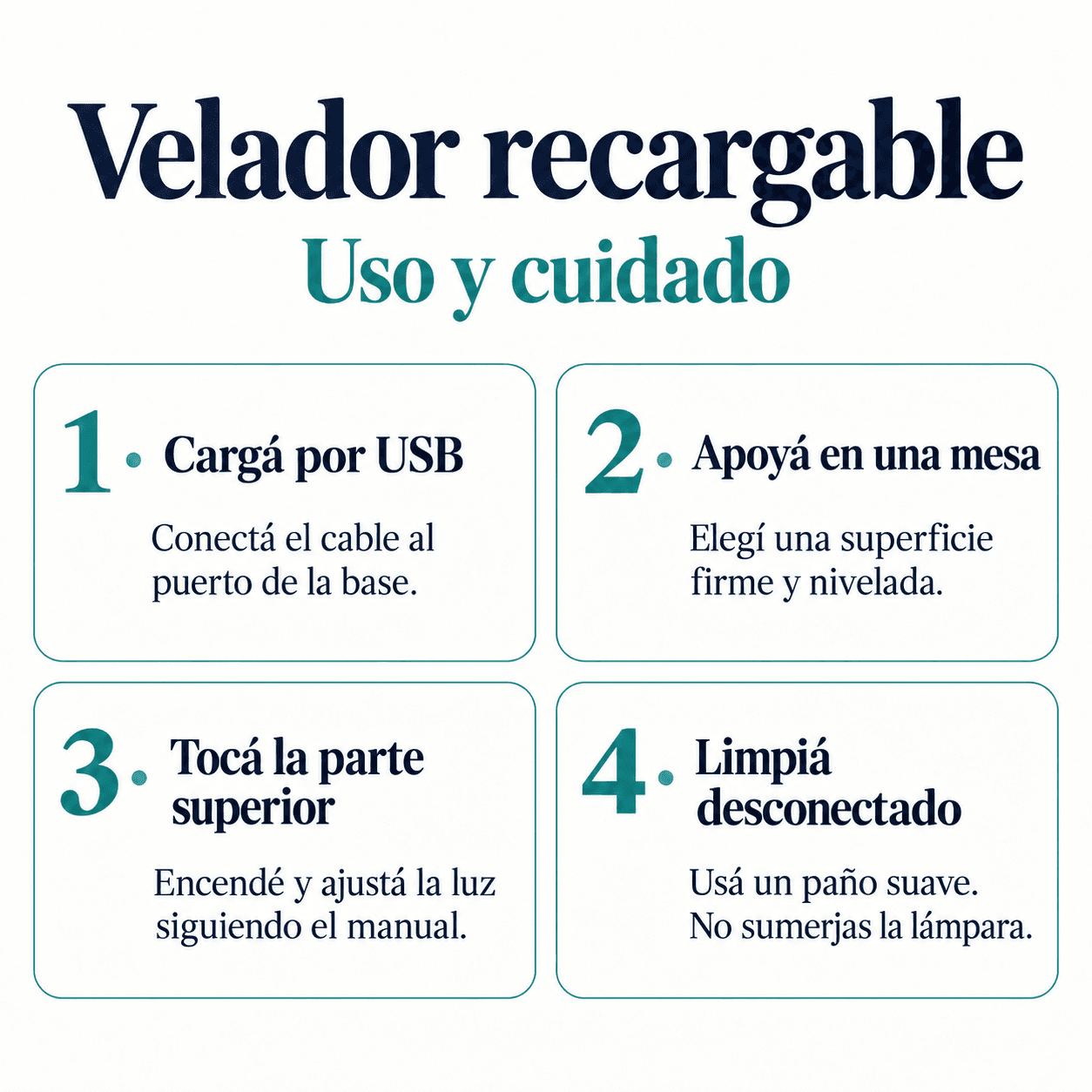 Velador recargable: carga USB, apoyo estable, control superior y limpieza, LAMPAESPLA — miniatura 6