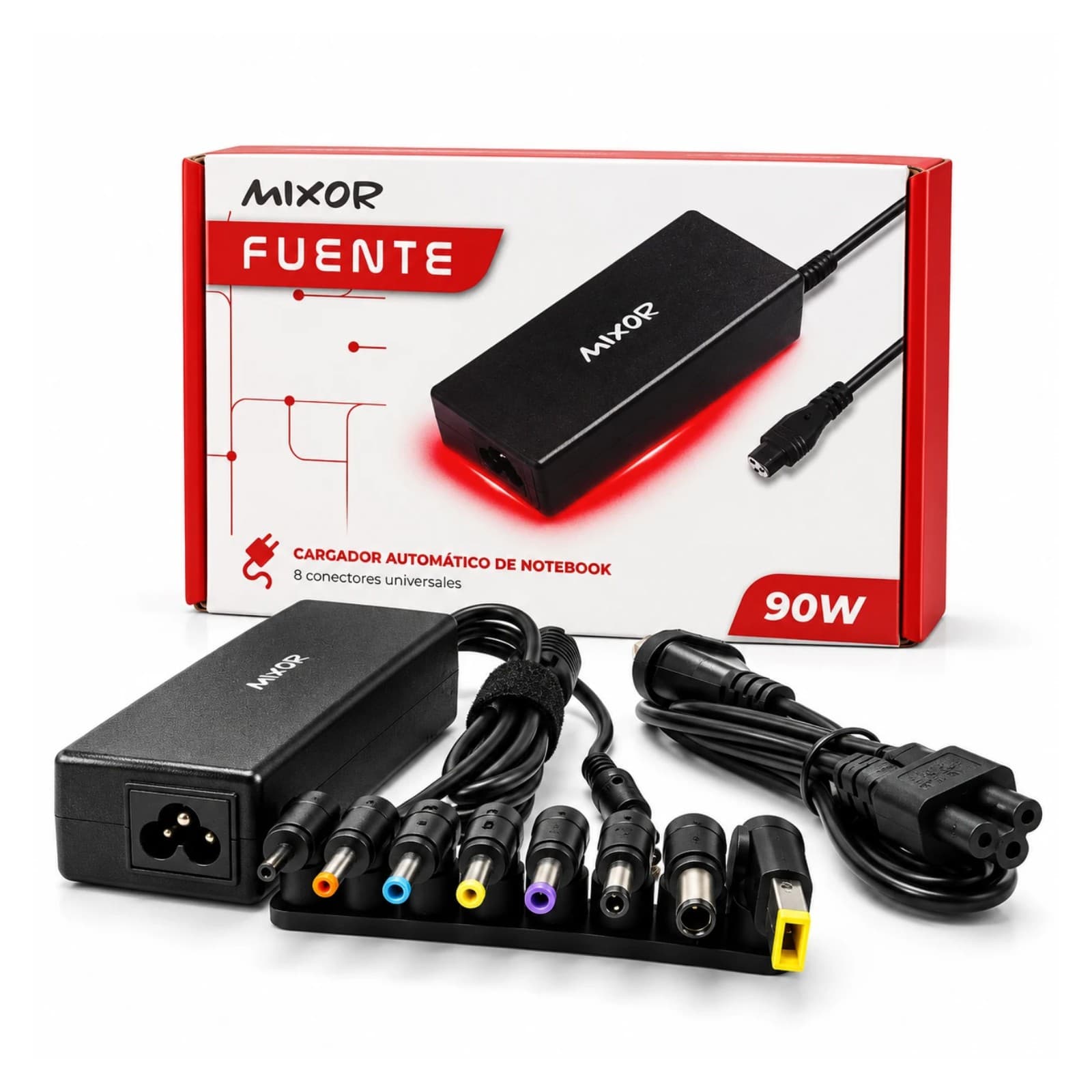 Fuente para notebook Mixor 90 W con su caja, el adaptador con cable, el soporte con 8 conectores intercambiables y el cable de alimentación (imagen del fabricante) — miniatura 8