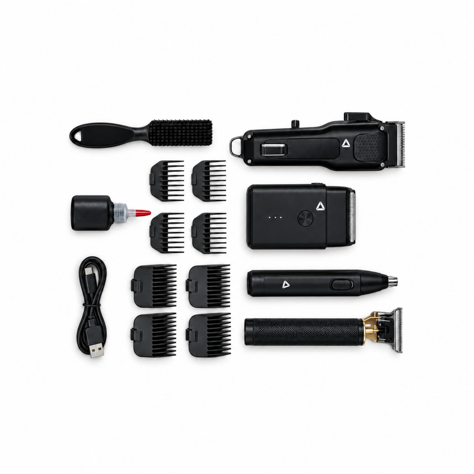 Contenido del kit de peluquería Oryx KM-1503: 4 aparatos, 8 peines guía, cepillo, frasco con pico rojo y cable USB (imagen ilustrativa) — miniatura 2