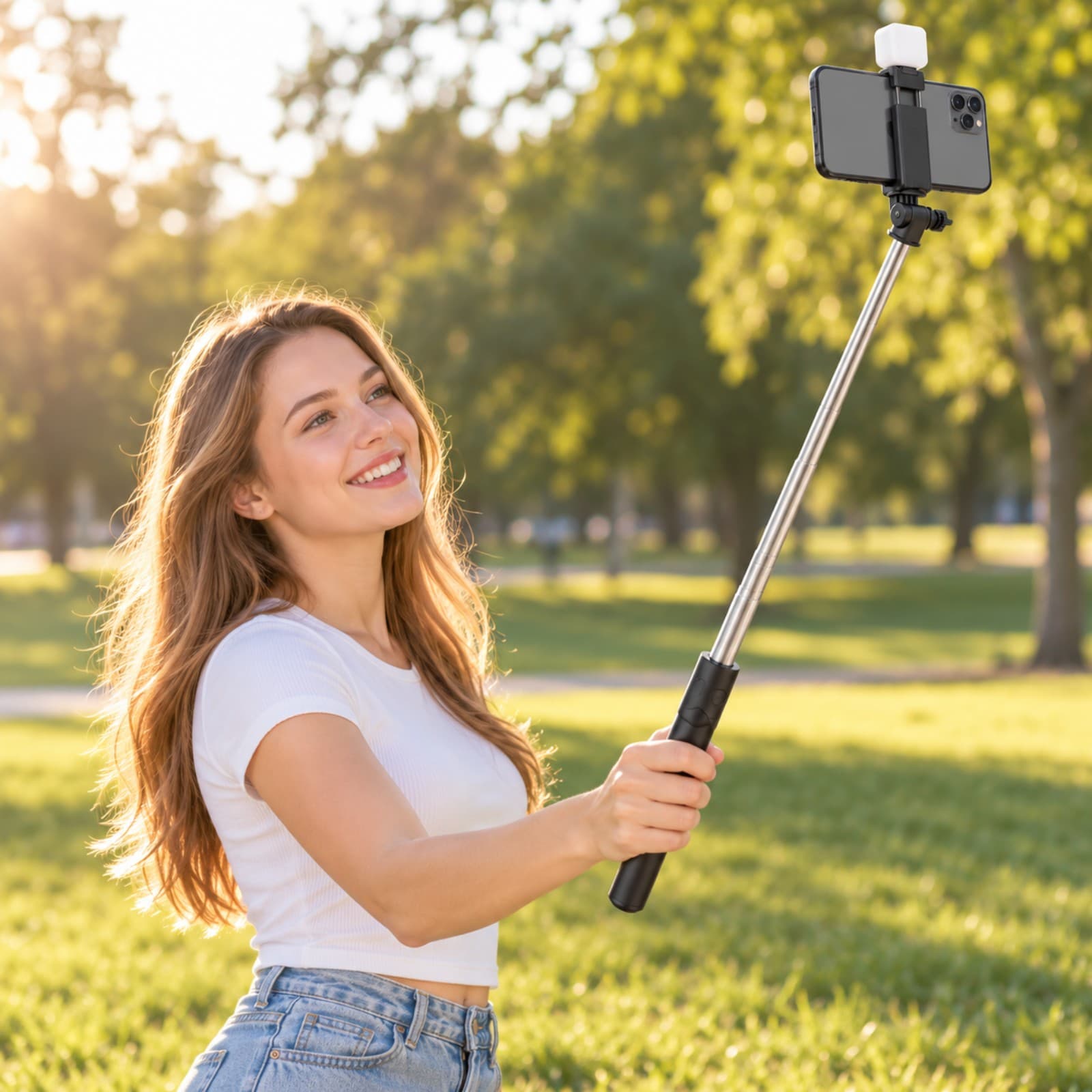 Persona en un parque sacándose una selfie con el bastón extensible R1S negro y un celular en la pinza (imagen ilustrativa), SOPTRIPCELN — miniatura 5