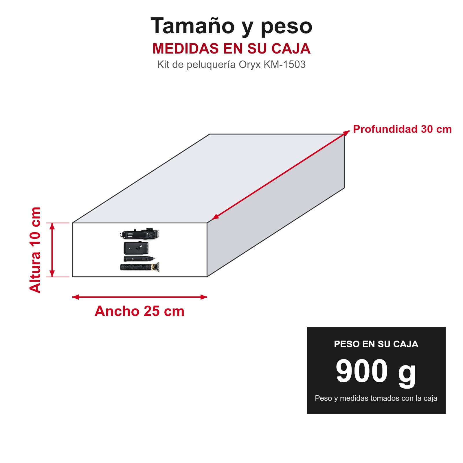 Medidas y peso del kit de peluquería Oryx KM-1503 en su caja: 25 × 30 × 10 cm, 900 g — miniatura 4