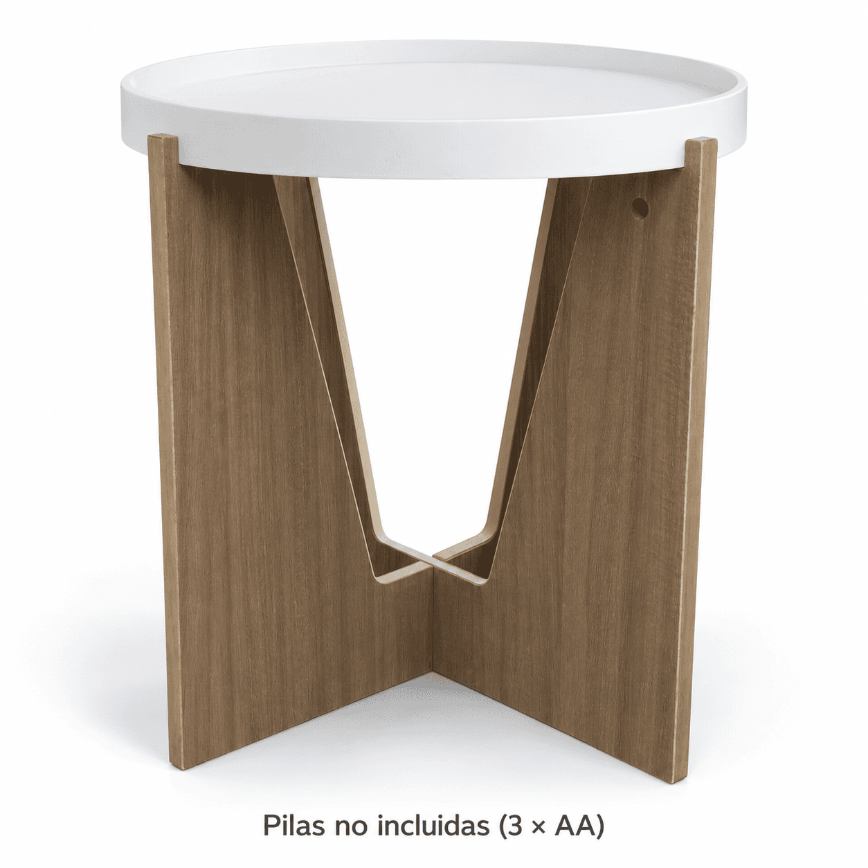 Mesa ORYX HOME OR-ST02 con tapa circular blanca y base marrón cruzada; pilas no incluidas.