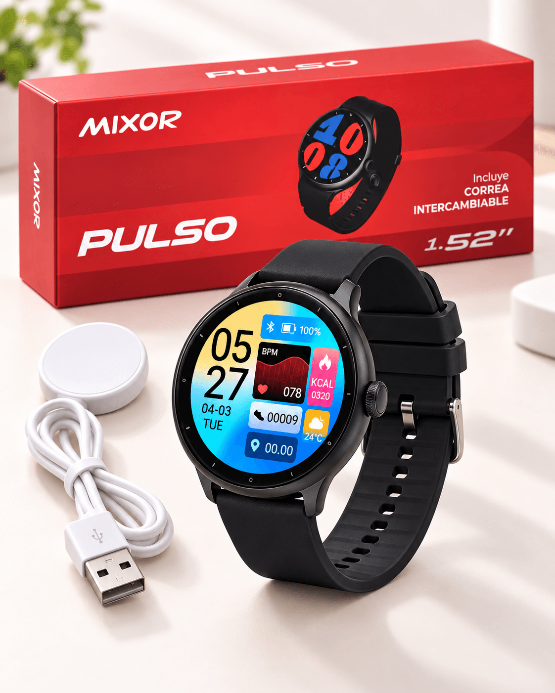 Smartwatch Mixor Pulso Esfera Redonda con Doble Malla Negra
