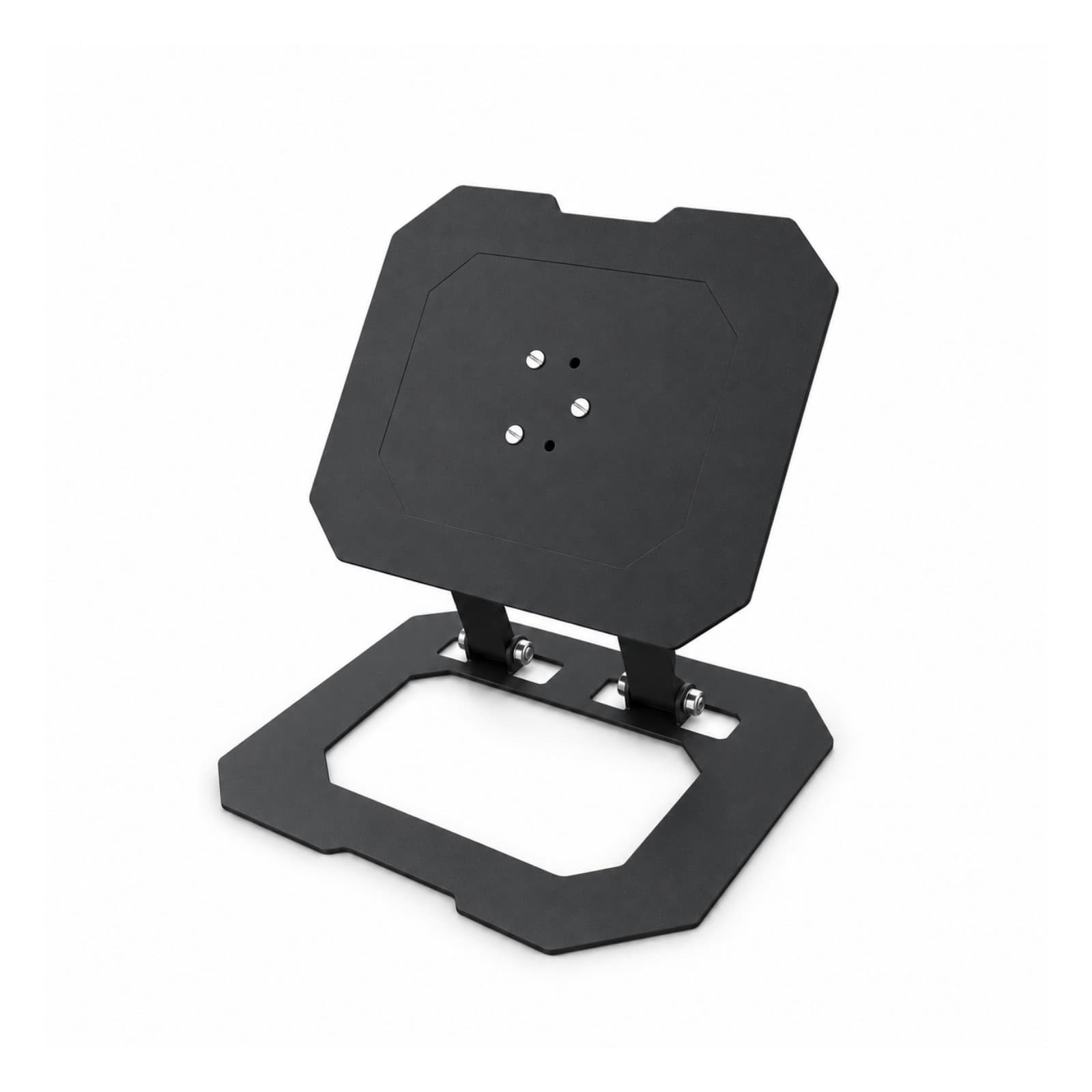 Soporte plegable de metal negro para celular y tablet, abierto e inclinado, con base giratoria, sobre fondo blanco (imagen ilustrativa), SOPCELTABPCALUM — miniatura 1