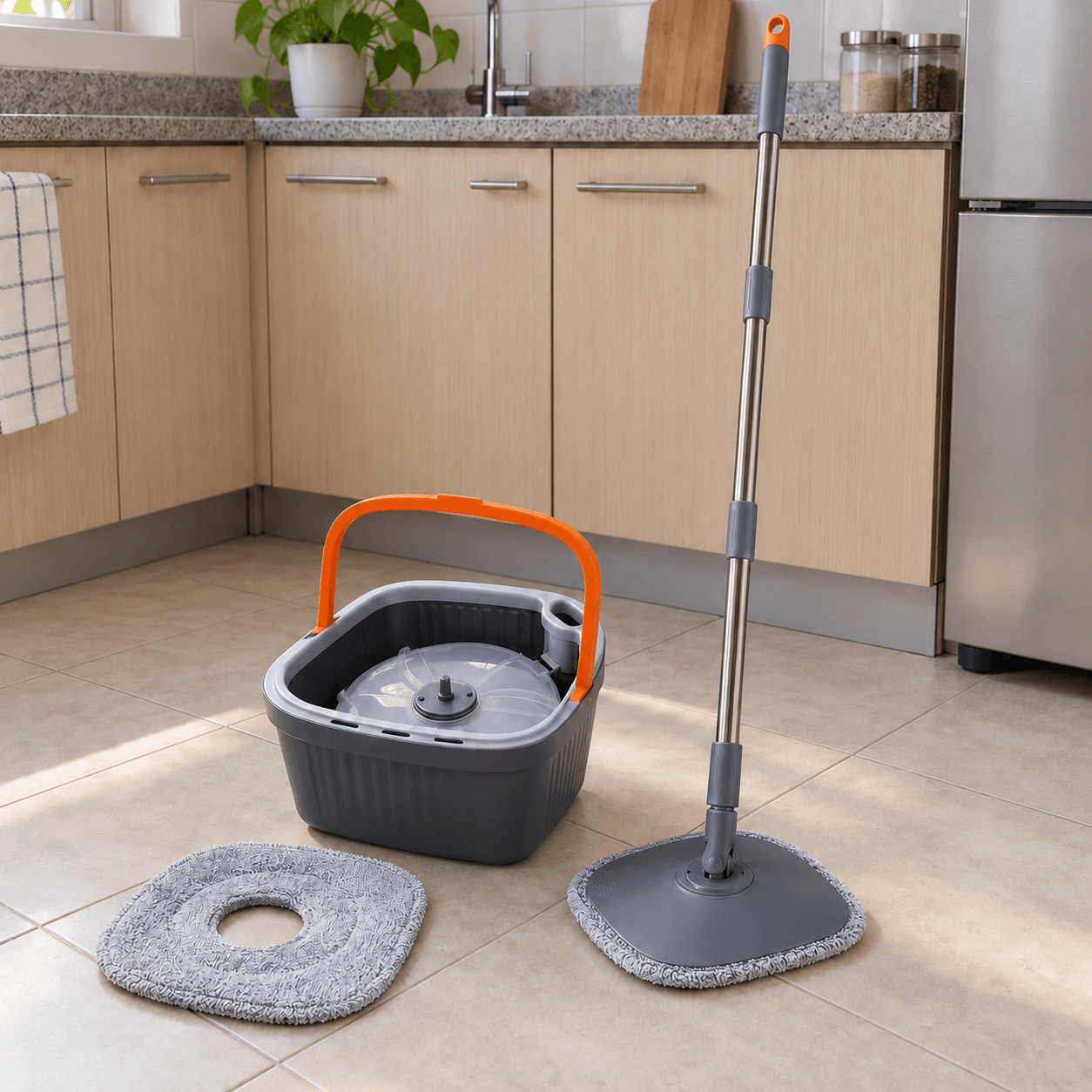 Mopa DSH074 y balde gris con asa naranja en una cocina