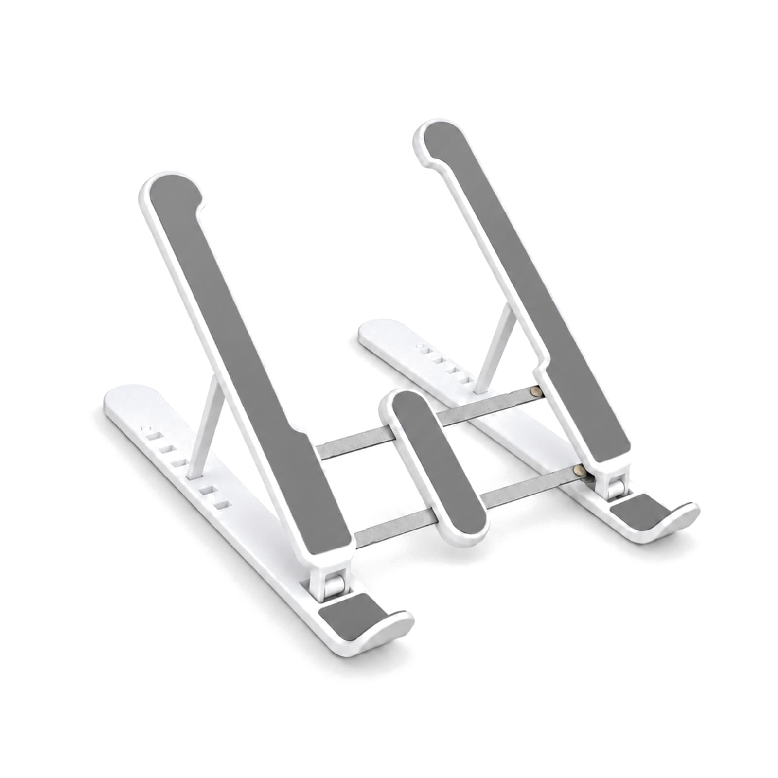 Soporte plegable para notebook P1 blanco, abierto, con dos brazos con superficies de apoyo grises, bases con ranuras y puntales, sobre fondo blanco (imagen ilustrativa), SOPNOTMETGR — miniatura 1