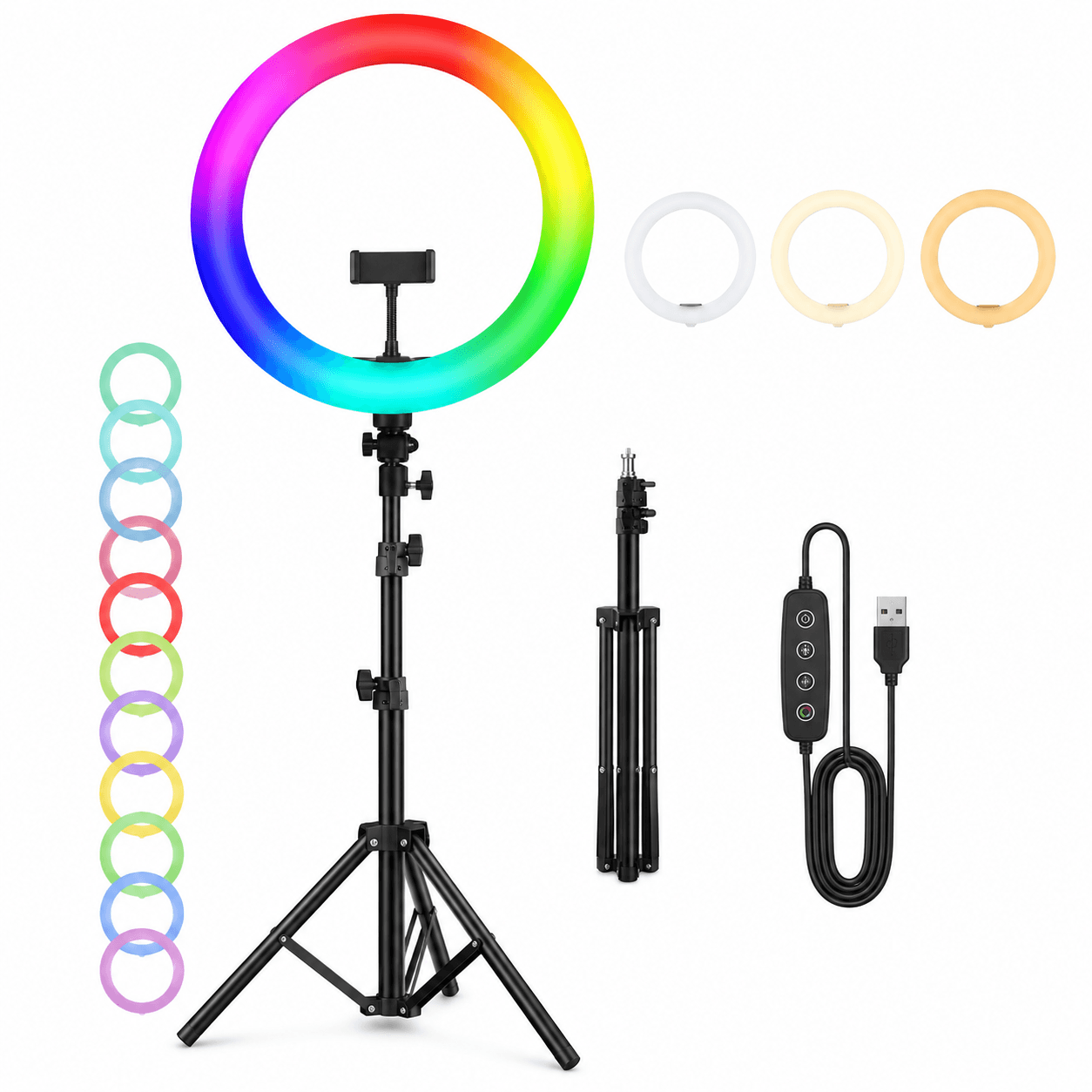 Aro de Luz LED RGB 30 cm con Trípode y Soporte para Celular