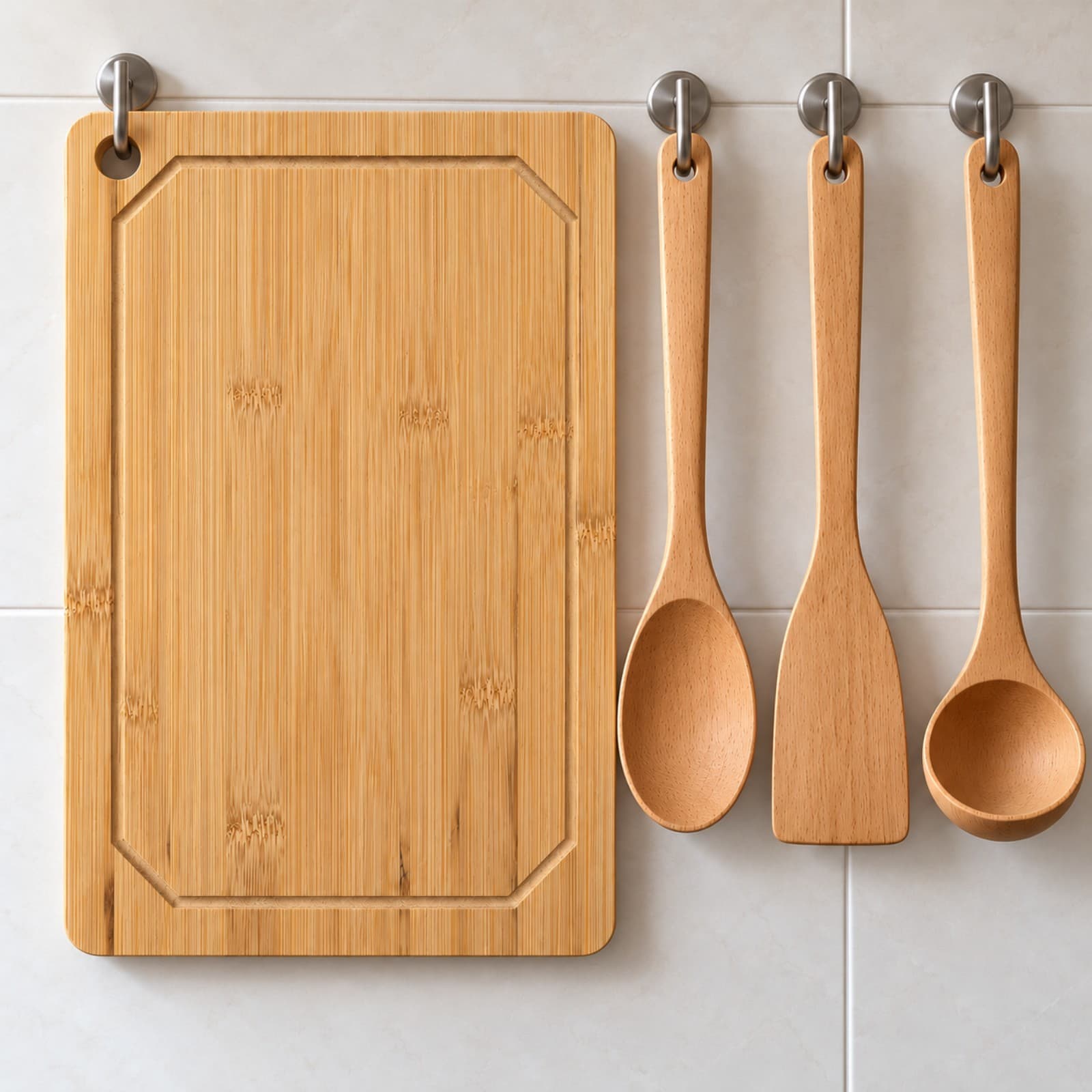Tabla para picar de bambú con canaleta colgada de un gancho por su agujero en una pared de cocina, junto a utensilios de madera (imagen ilustrativa) — miniatura 5