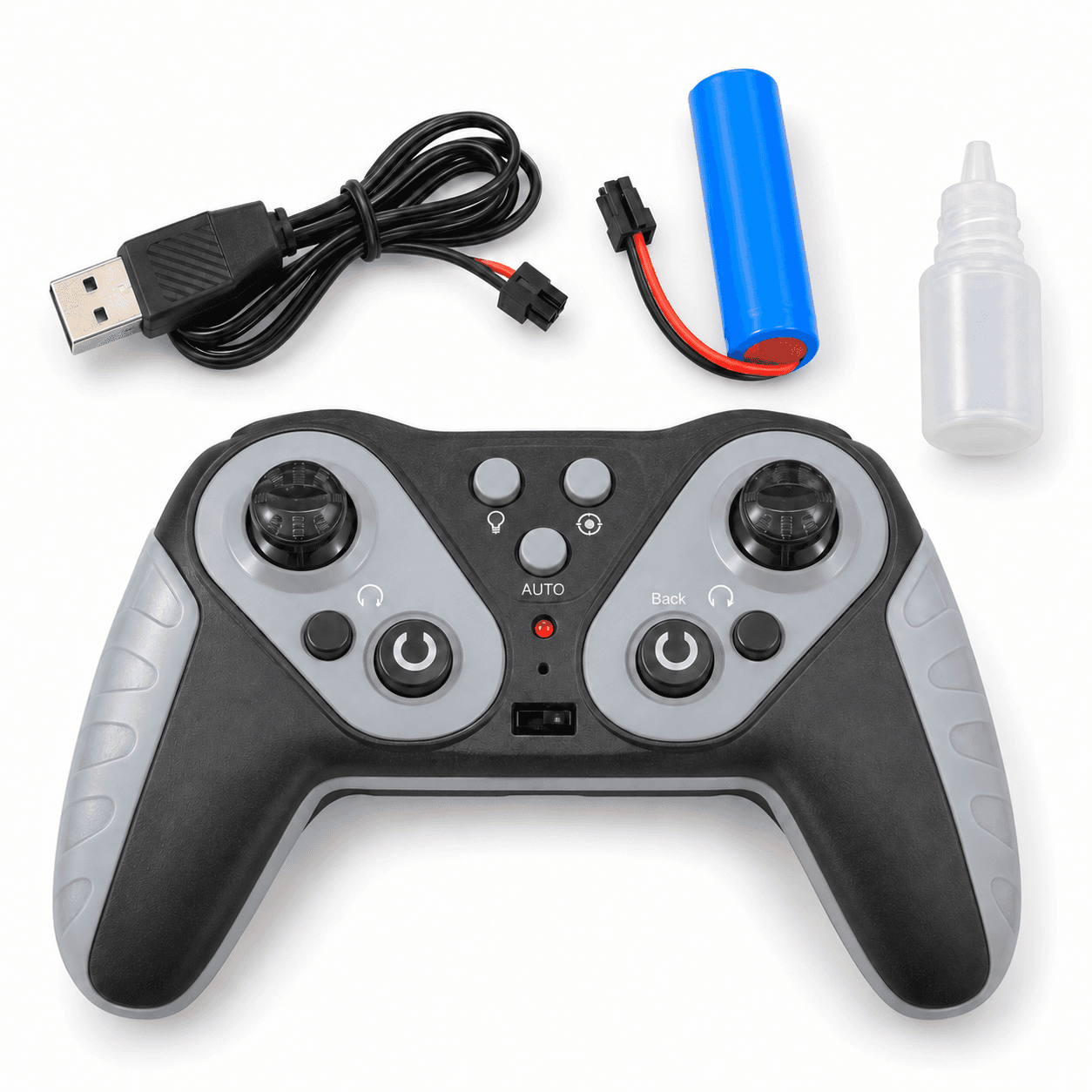 Detalle de los accesorios del perro robot: control, batería, cable USB y frasquito