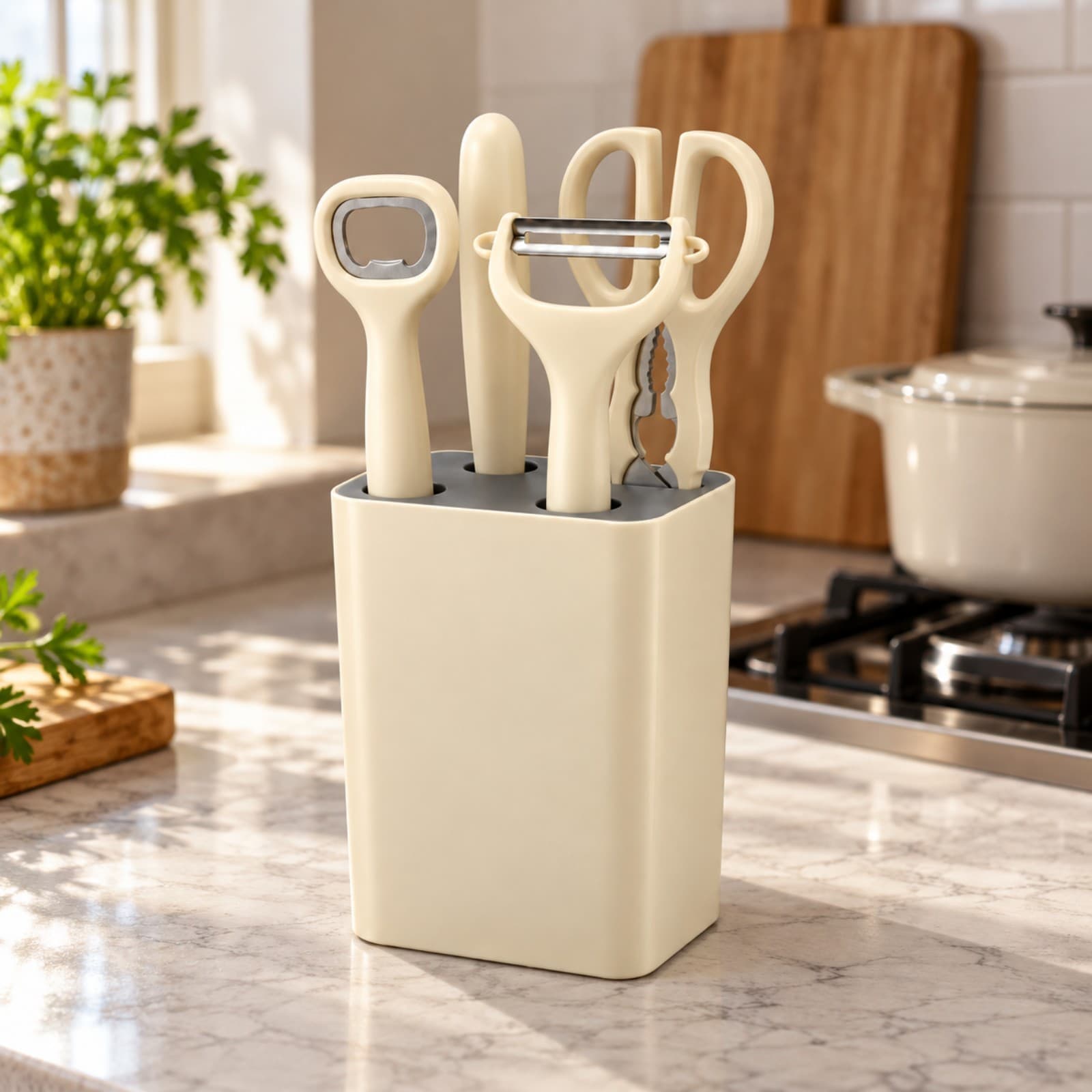 Set de 5 piezas de cocina beige, con su base de guardado y los cuatro utensilios, sobre la mesada de una cocina junto a la cocina (imagen ilustrativa) — miniatura 3