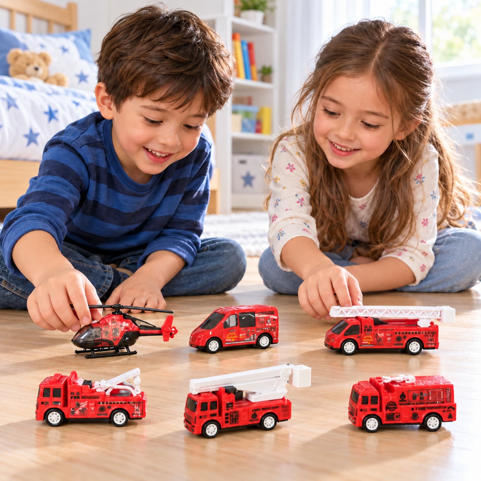 Dos niños jugando juntos con los vehículos del set Zumo Fire Rescue (imagen ilustrativa) — miniatura 7