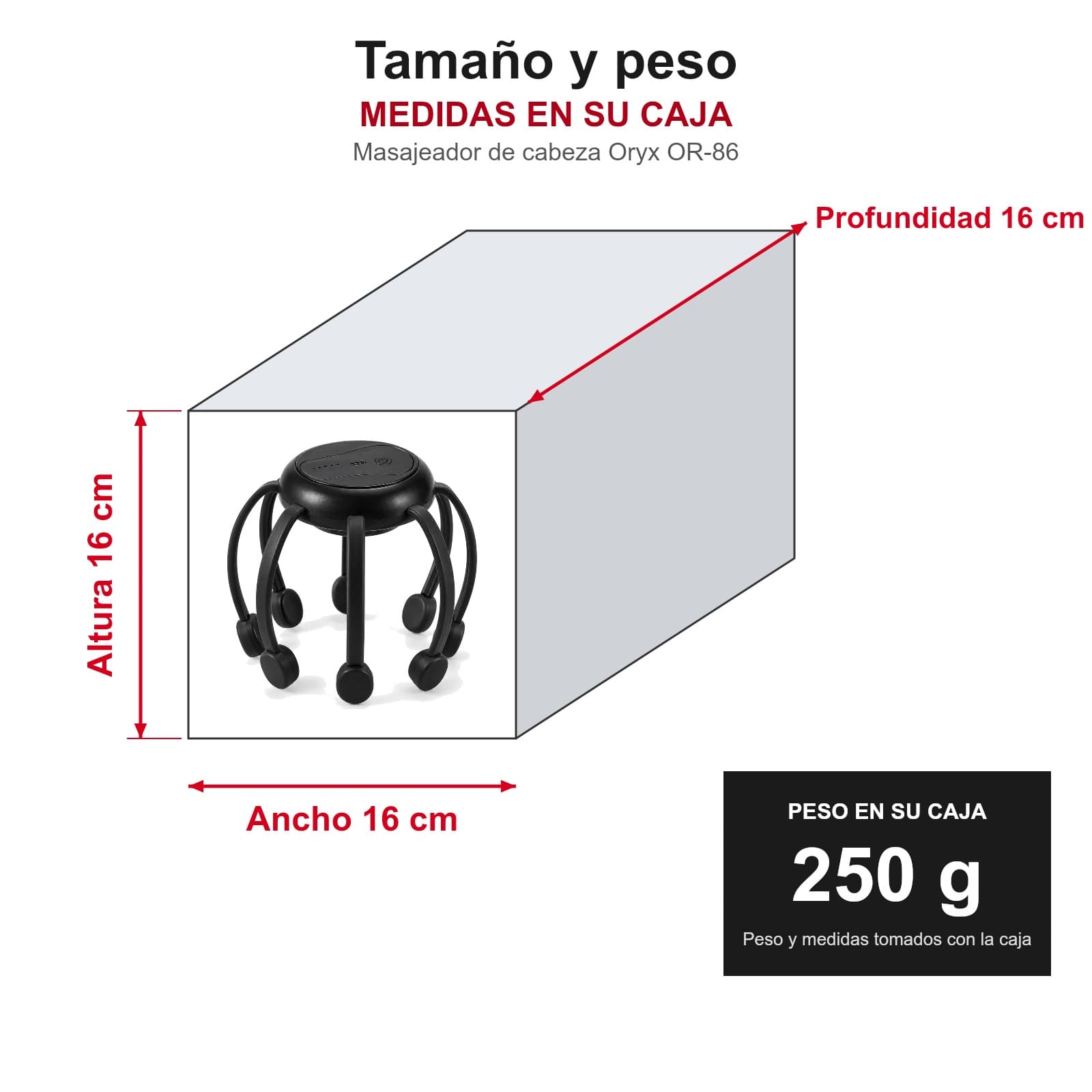 Medidas y peso del masajeador de cabeza Oryx OR-86 en su caja: 16 × 16 × 16 cm, 250 g, MASAJCABN — miniatura 4
