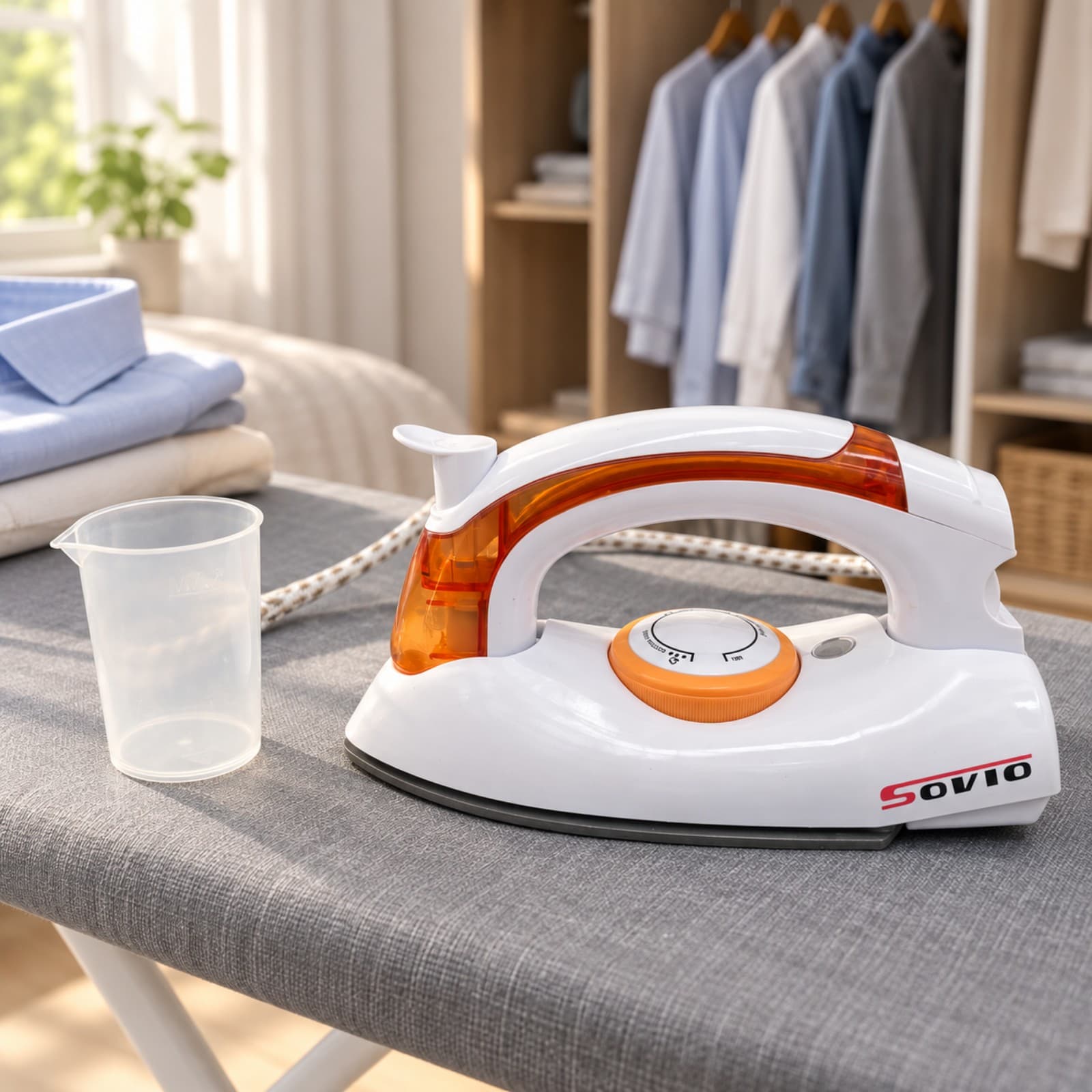 Plancha de viaje Sovio S-258B naranja con su vaso medidor sobre una tabla de planchar, junto a un placard con camisas colgadas (imagen ilustrativa) — miniatura 6