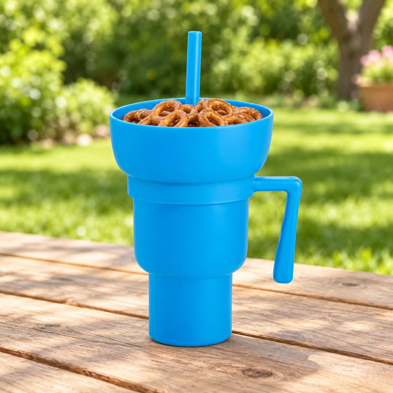 Vaso azul con pretzels en picnic; alimentos y ambientación no incluidos — miniatura 6