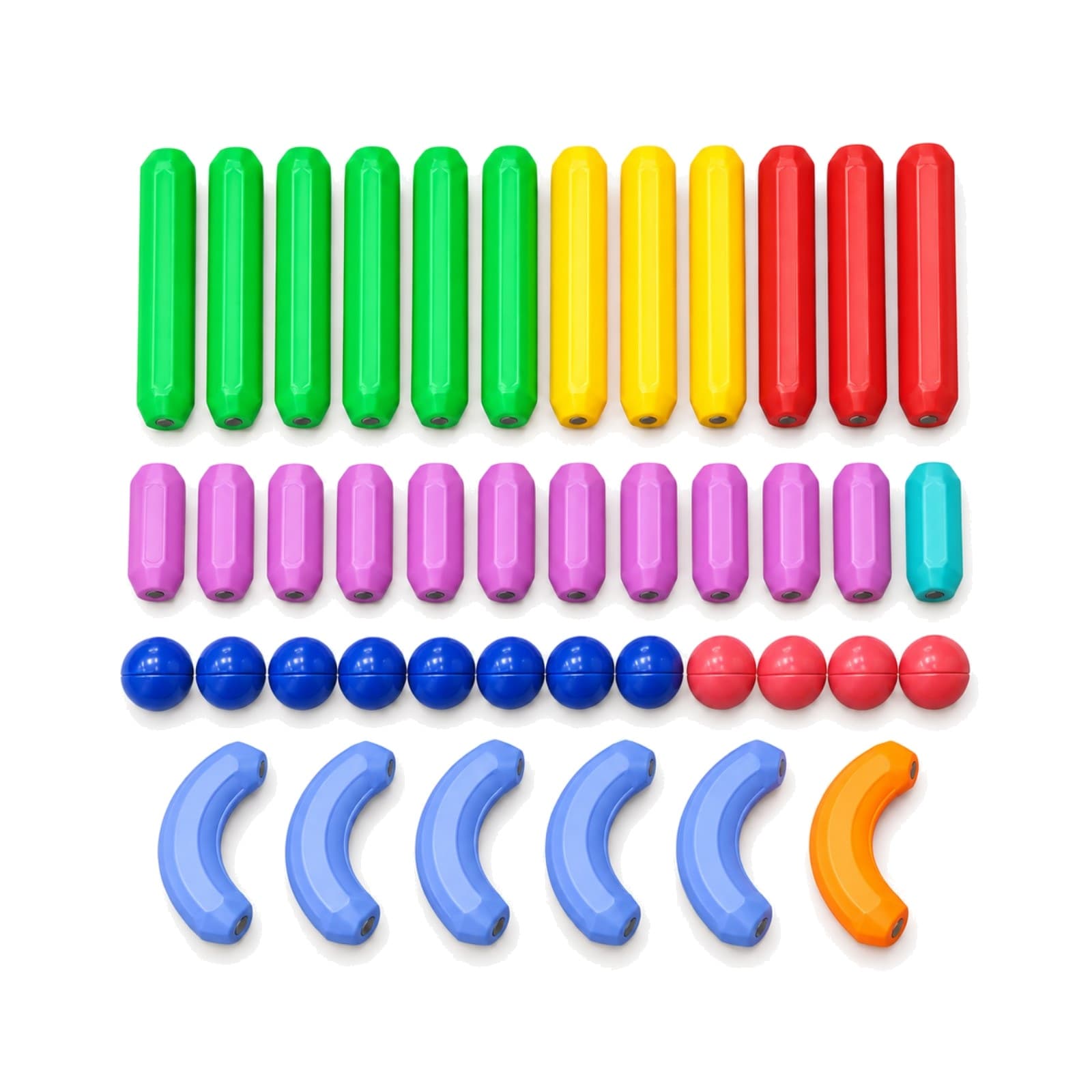 Piezas del juego de bloques magnéticos Magnetic Sticks ordenadas por tipo: varillas largas, varillas cortas, esferas y piezas curvas (imagen ilustrativa), JUEBLOMAGN — miniatura 2