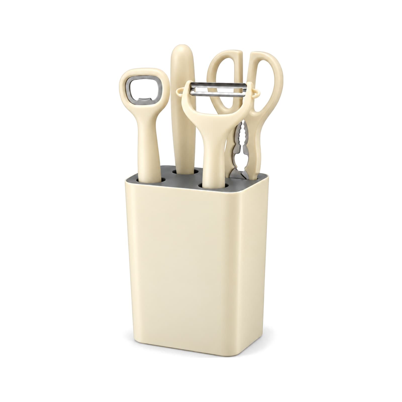 Set de 5 piezas de cocina beige: base de guardado con abridor de botellas, pelador, tijera de cocina y cuchillo de pelar, sobre fondo blanco (imagen ilustrativa) — miniatura 1