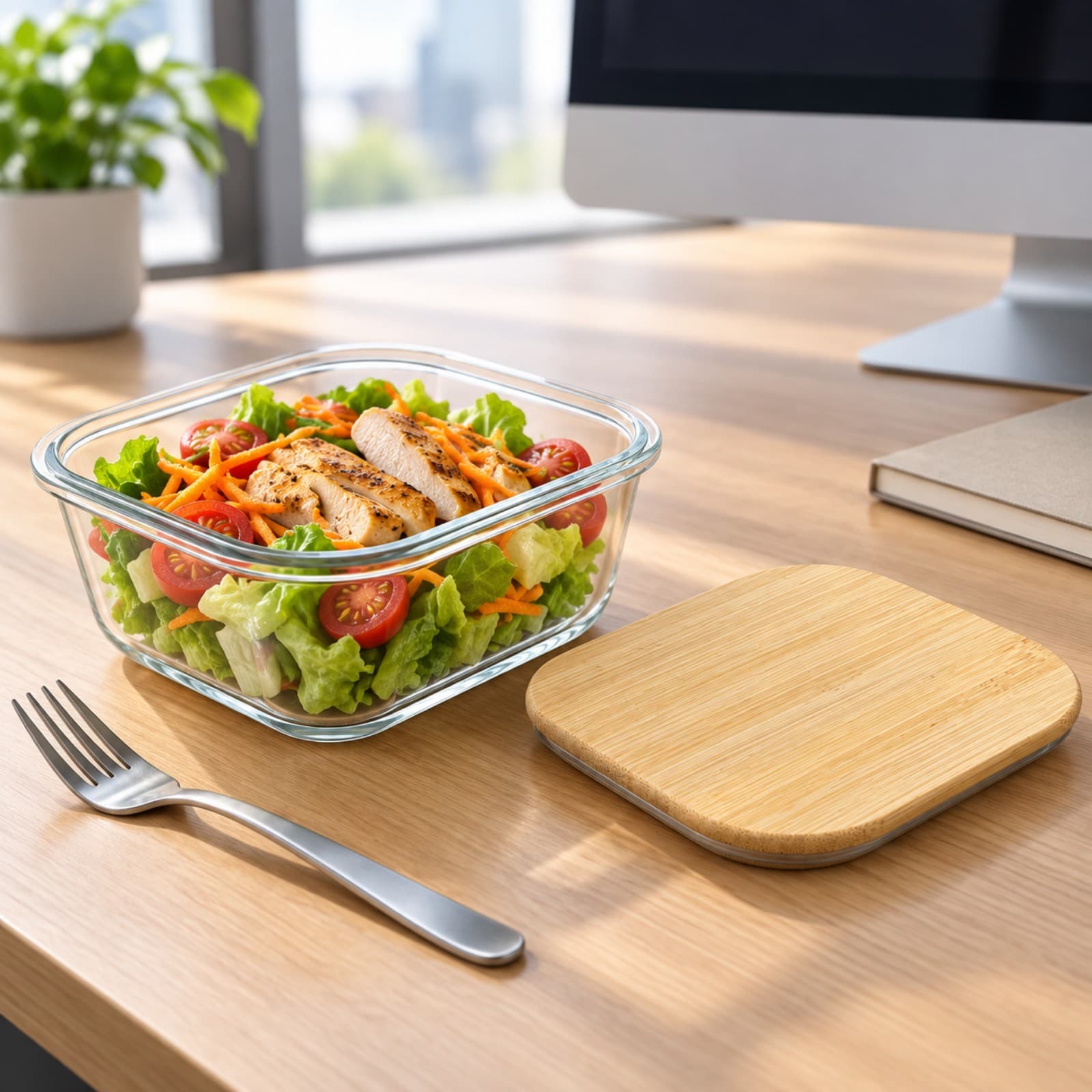Recipiente de vidrio con ensalada y su tapa de bambú al lado, almuerzo en un escritorio de oficina (imagen ilustrativa) — miniatura 6