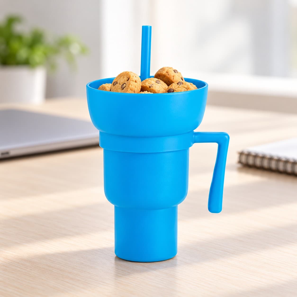 Vaso azul con galletitas sobre escritorio; alimentos y ambientación no incluidos — miniatura 5