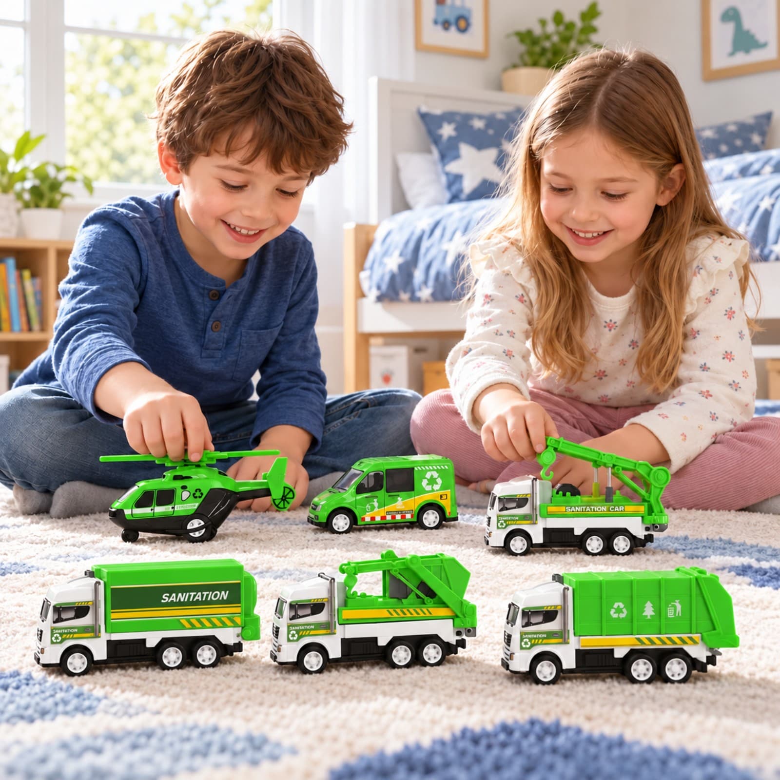 Dos niños jugando juntos con los vehículos del set Zumo City Sanitation (imagen ilustrativa) — miniatura 7