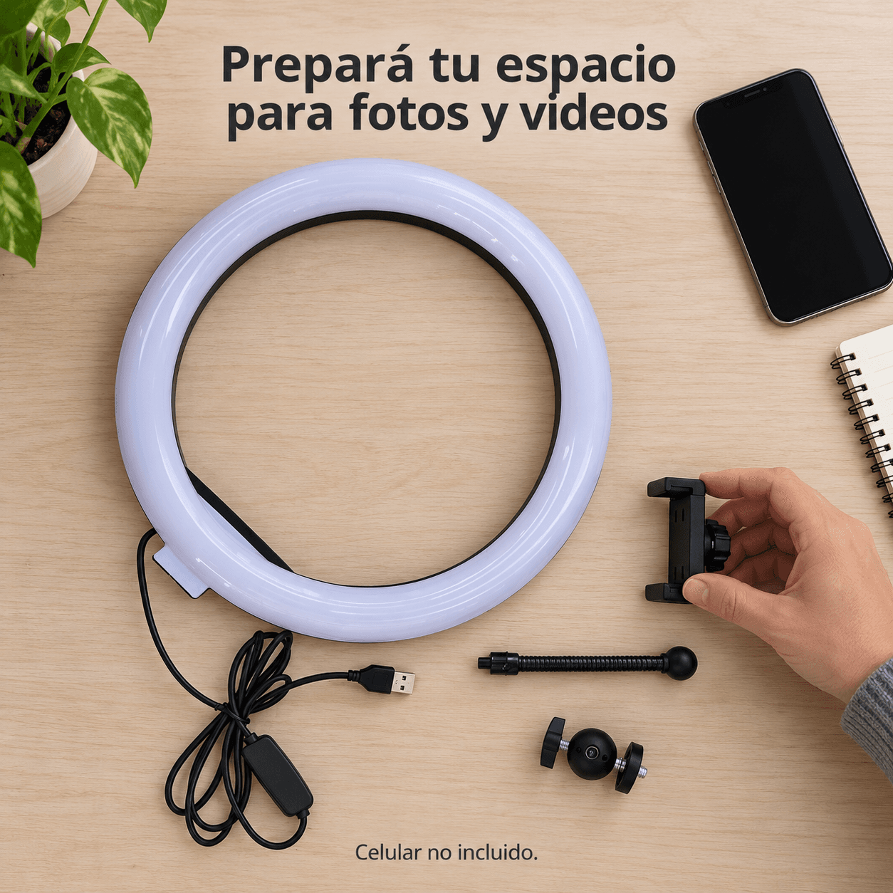Aro JS-300RGB y accesorios preparados para fotos o videos, celular no incluido — miniatura 2