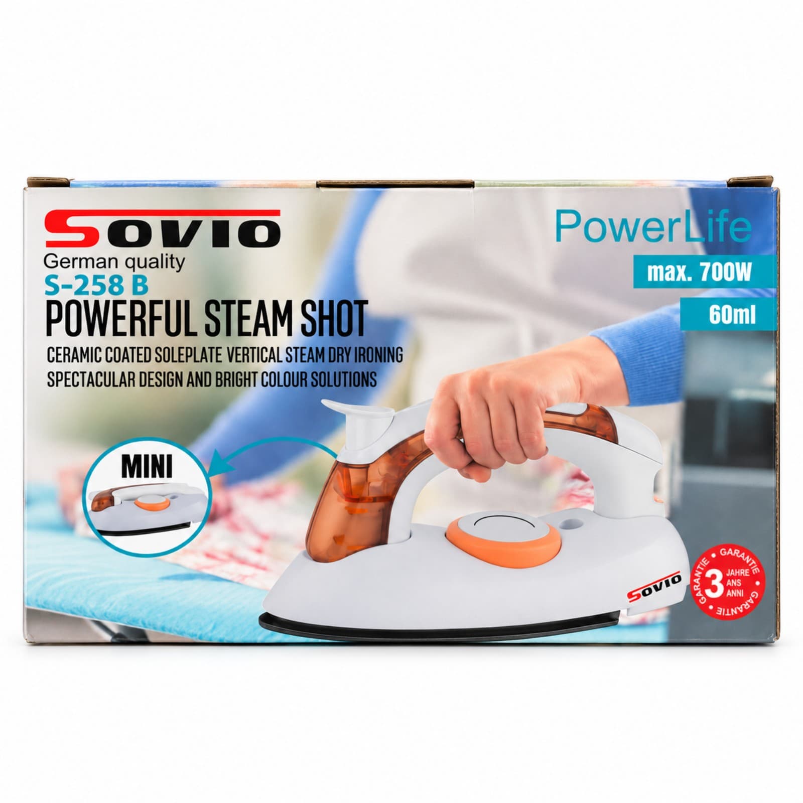 Plancha de viaje plegable a vapor Sovio S-258B modelo naranja en su packaging (imagen ilustrativa) — miniatura 3
