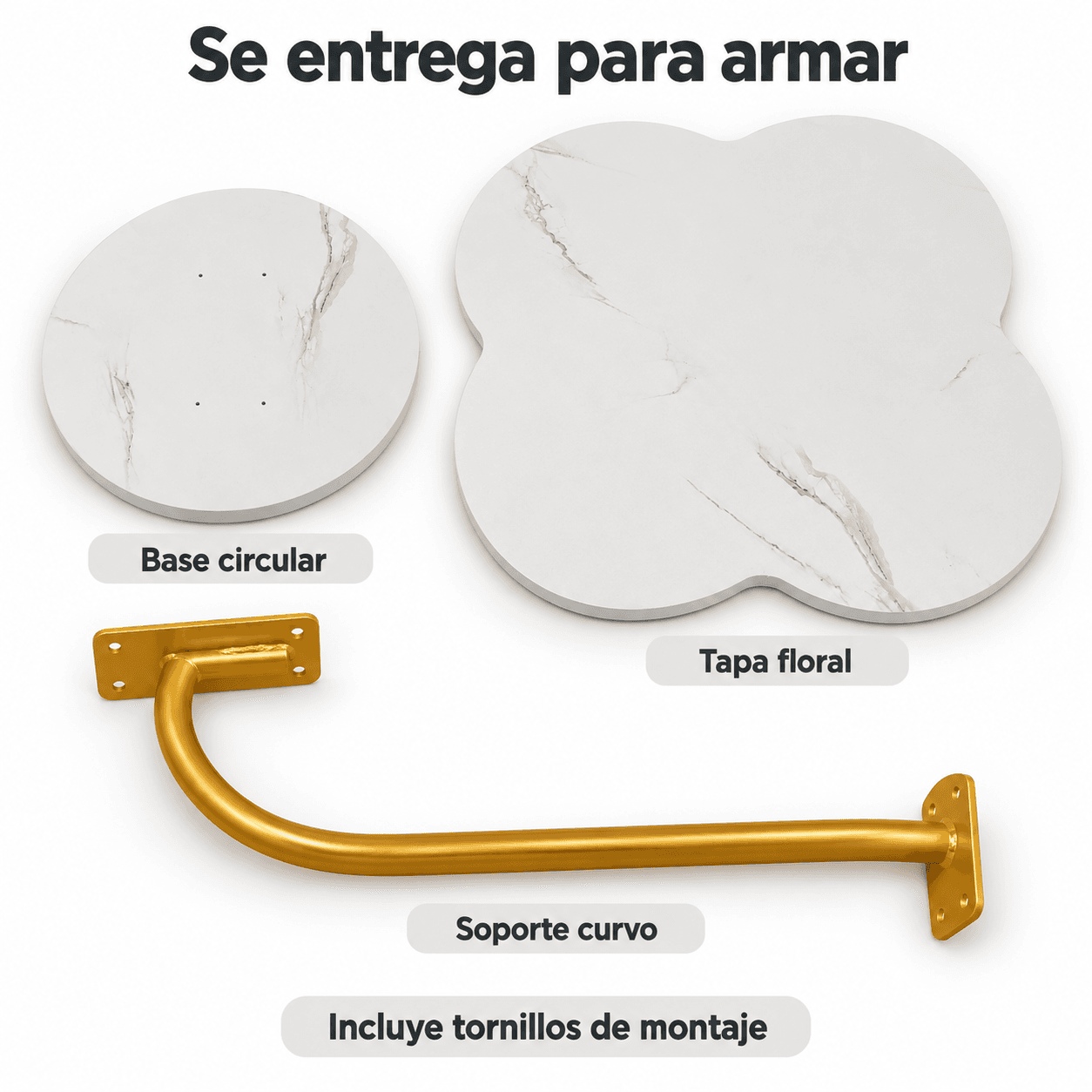 Piezas de la mesa OR-ST01: tapa floral, base circular y soporte curvo; incluye tornillos