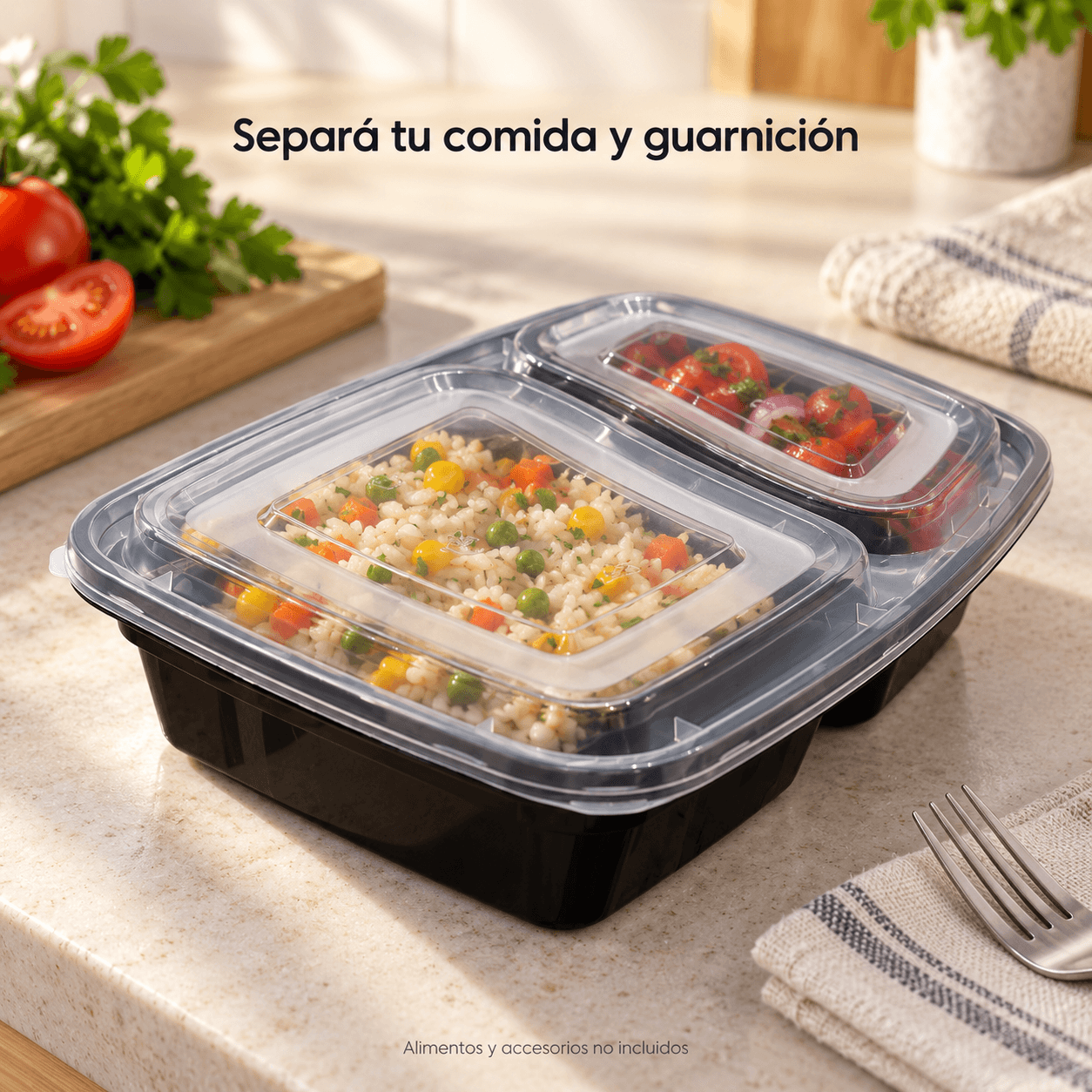 Ejemplo de uso del recipiente Oryx negro: comida y guarnición separadas; alimentos no incluidos |UT-00018|
