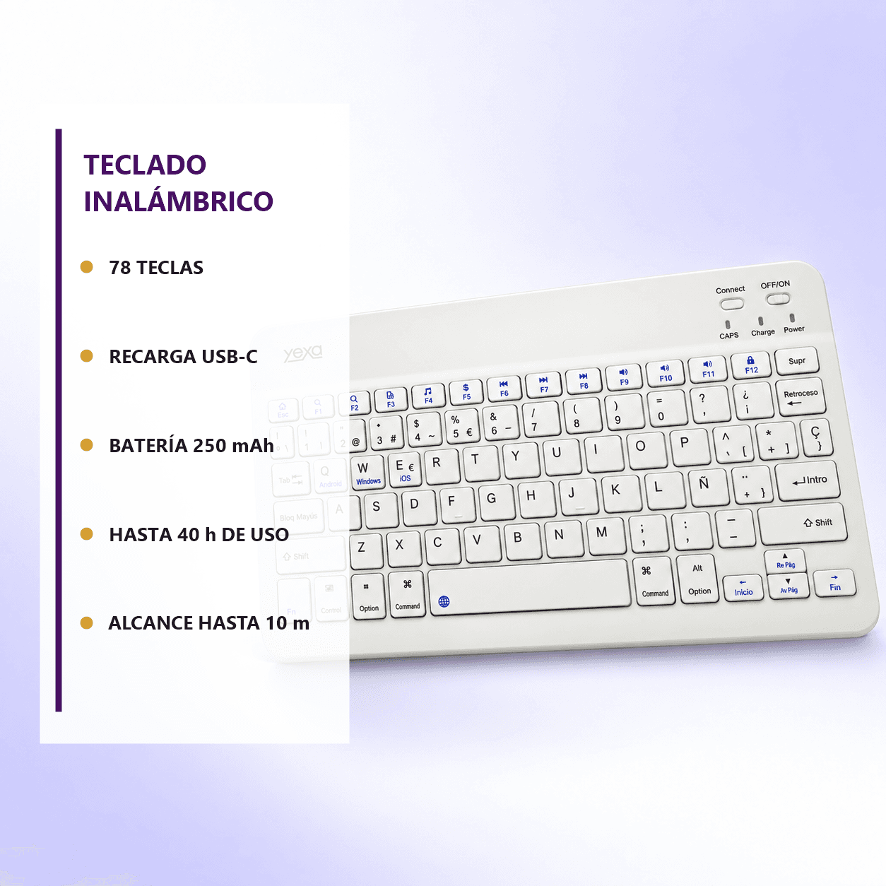 HANDOFF-2026-09-23|TECUFBLA|06|2a9cd9b36913|Teclado Bluetooth Ultrafino YEXA MODY-00DY Blanco de 78 Teclas
