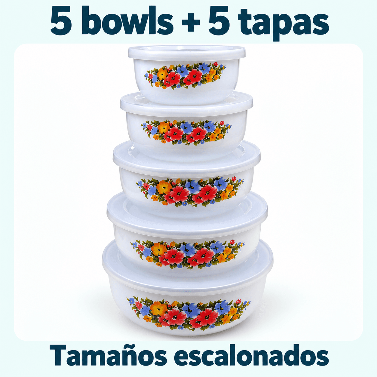 |BOWLX5HIERR| Contenido del set OSR con flores multicolor: cinco bowls y cinco tapas.