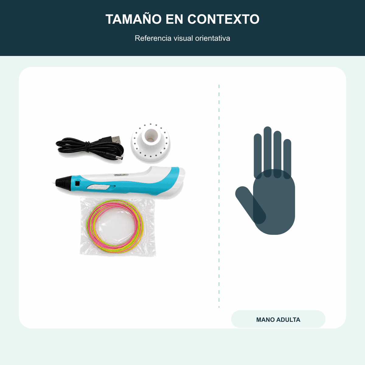 HANDOFF-48|LAPIZ3D|04|526f2b29cb39|Lápiz 3D USB 3DPEN-2 con Filamento PLA - Celeste - Referencia visual de escala