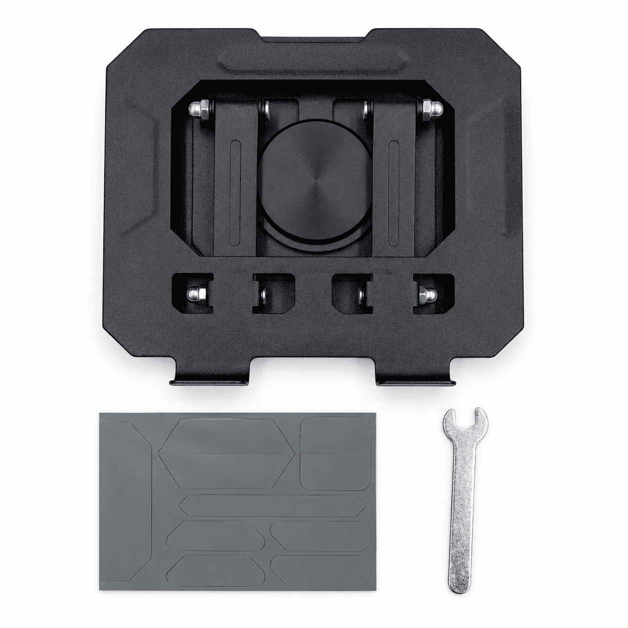 Soporte metálico plegable negro, lámina de apoyos y llave sobre fondo blanco, SOPCELTABPCALUM — miniatura 2