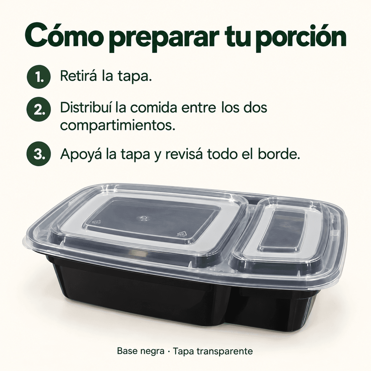 Guía de preparación: retirar la tapa, distribuir los alimentos y revisar el borde |UT-00018|