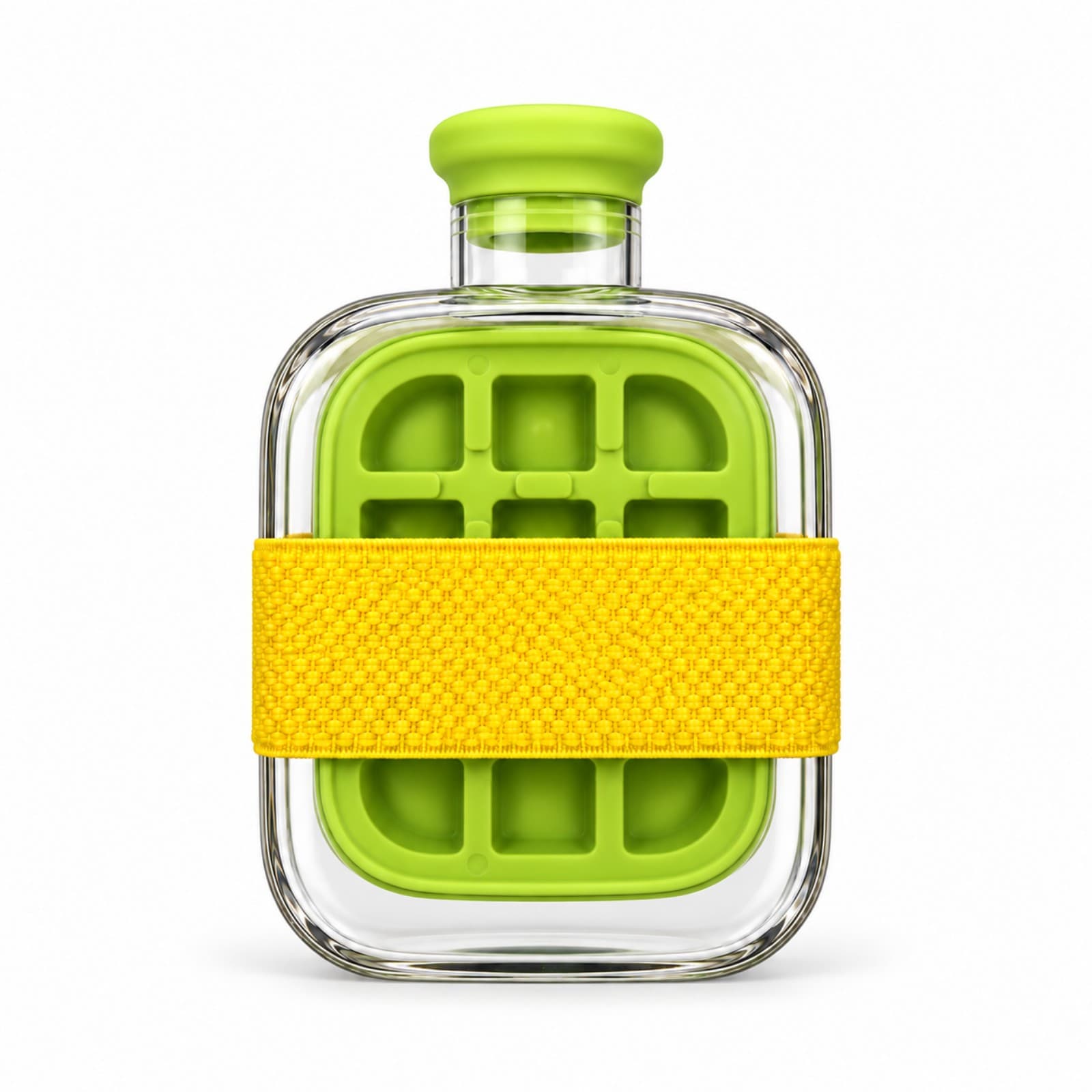 Botella cubetera Ice Cube Box de 500 ml verde con banda elástica amarilla, vista de frente (imagen ilustrativa) — miniatura 1