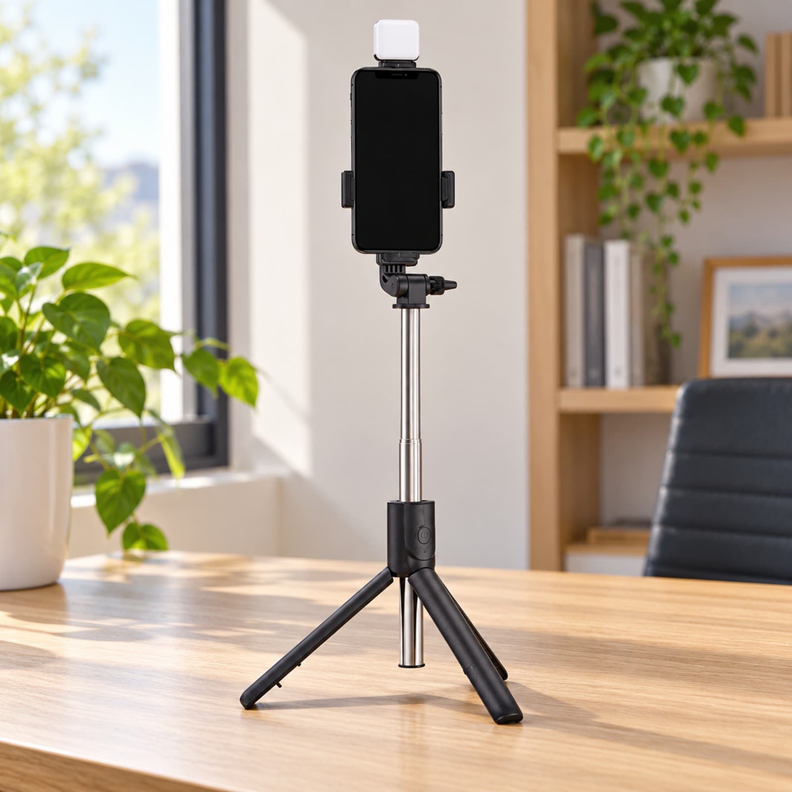 Selfie stick R1S negro usado como trípode sobre un escritorio de madera, con un celular en vertical en la pinza (imagen ilustrativa), SOPTRIPCELN — miniatura 4