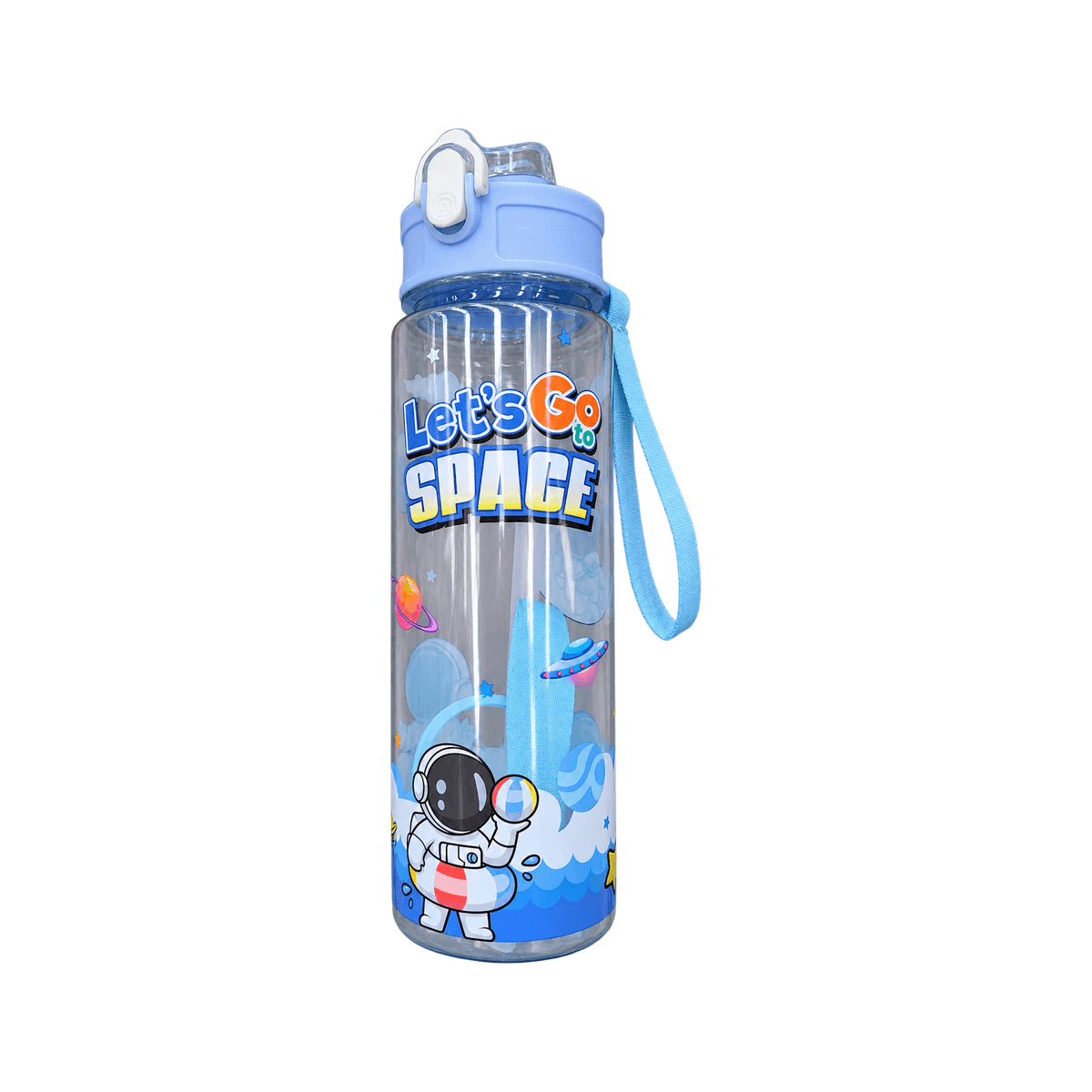 HANDOFF-48|BOTNIÑPLAST|01|48da0cb7e2f4|Botella Infantil 750 ml con Sorbete y Correa - Diseño Espacial - Celeste - Producto sobre fondo blanco