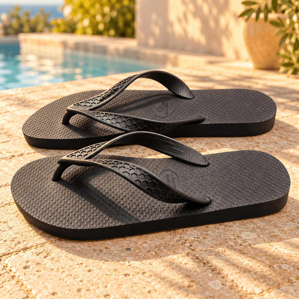 Sandalias de hombre negras en una terraza de verano con luz cálida.