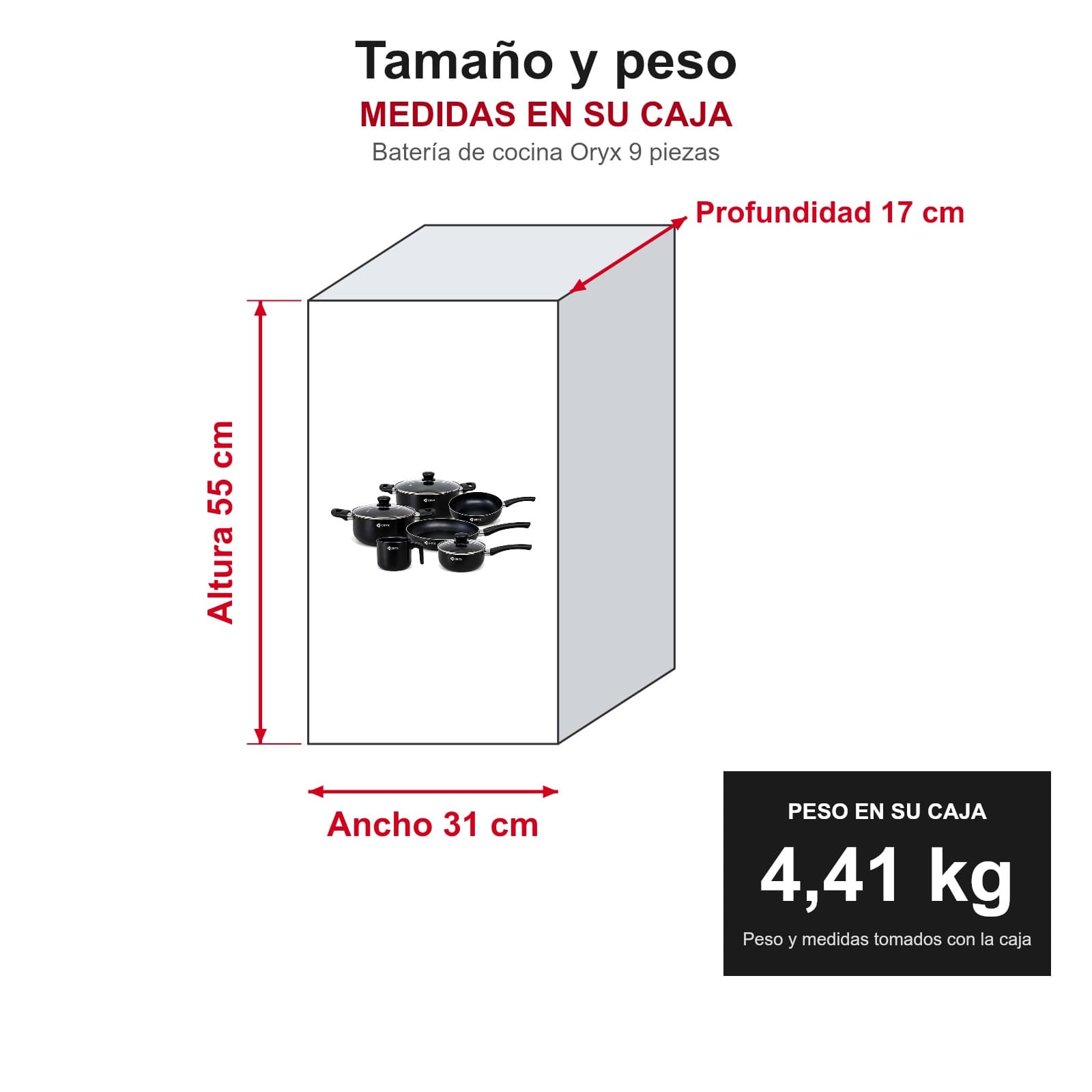 Medidas y peso de la batería de cocina Oryx de 9 piezas en su caja: altura 55 cm, ancho 31 cm, profundidad 17 cm, 4,41 kg — miniatura 3